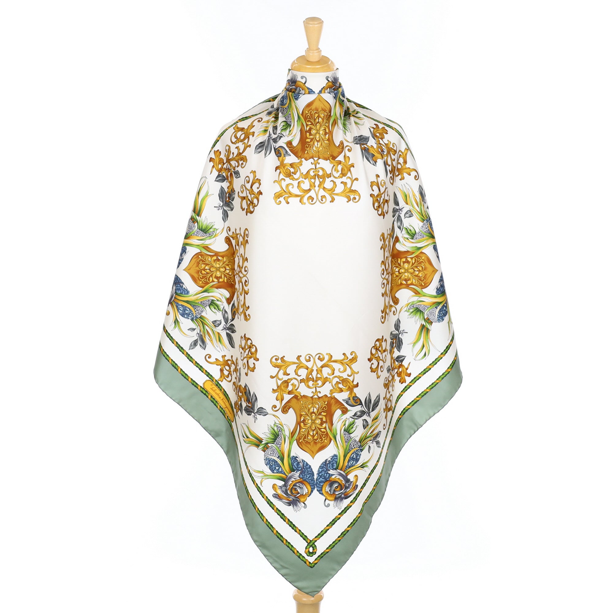 Immaculate Salvatore Ferragamo Cream Patterned Silk Scarf