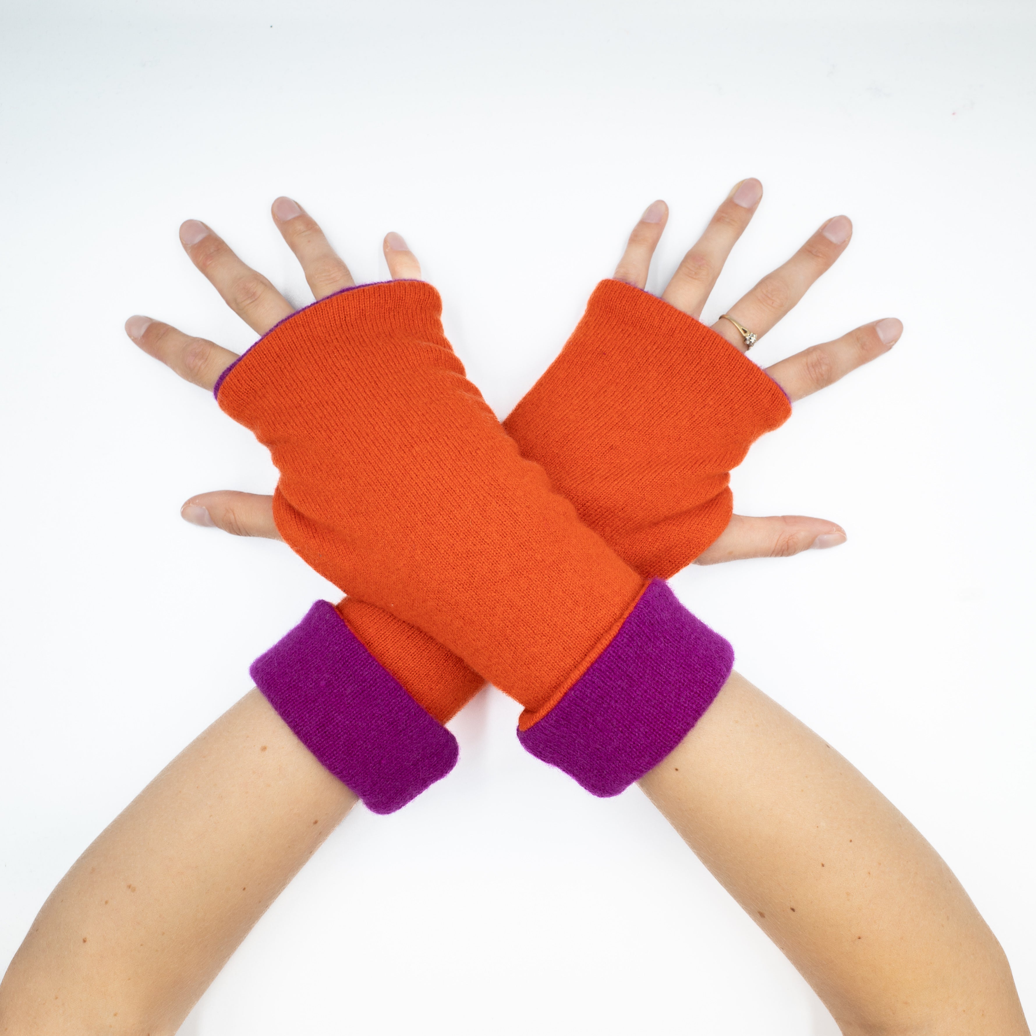 Flame Orange and Magenta Reversible Fingerless Gloves