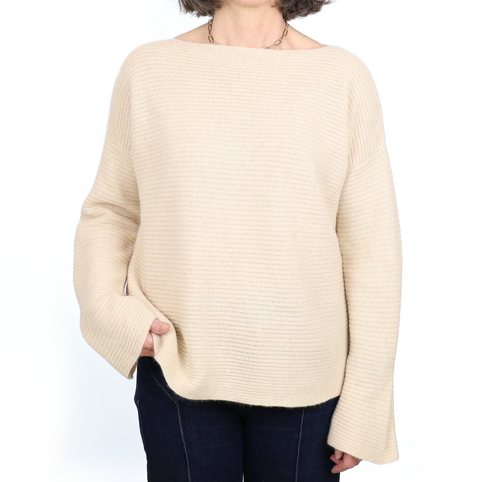Sand Beige Cashmere Slash Neck Jumper Medium