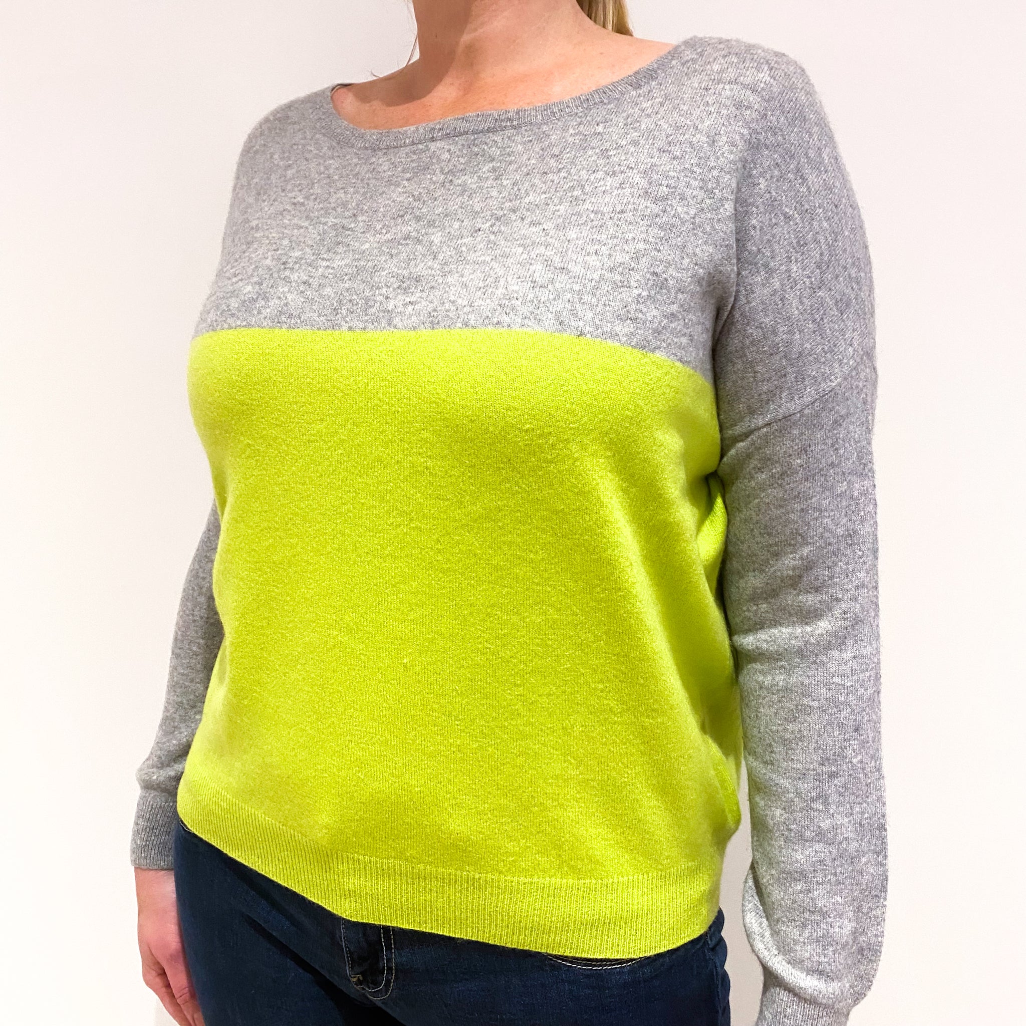 Smoke Grey Neon Yellow Cashmere Boat Neck Jumper Large