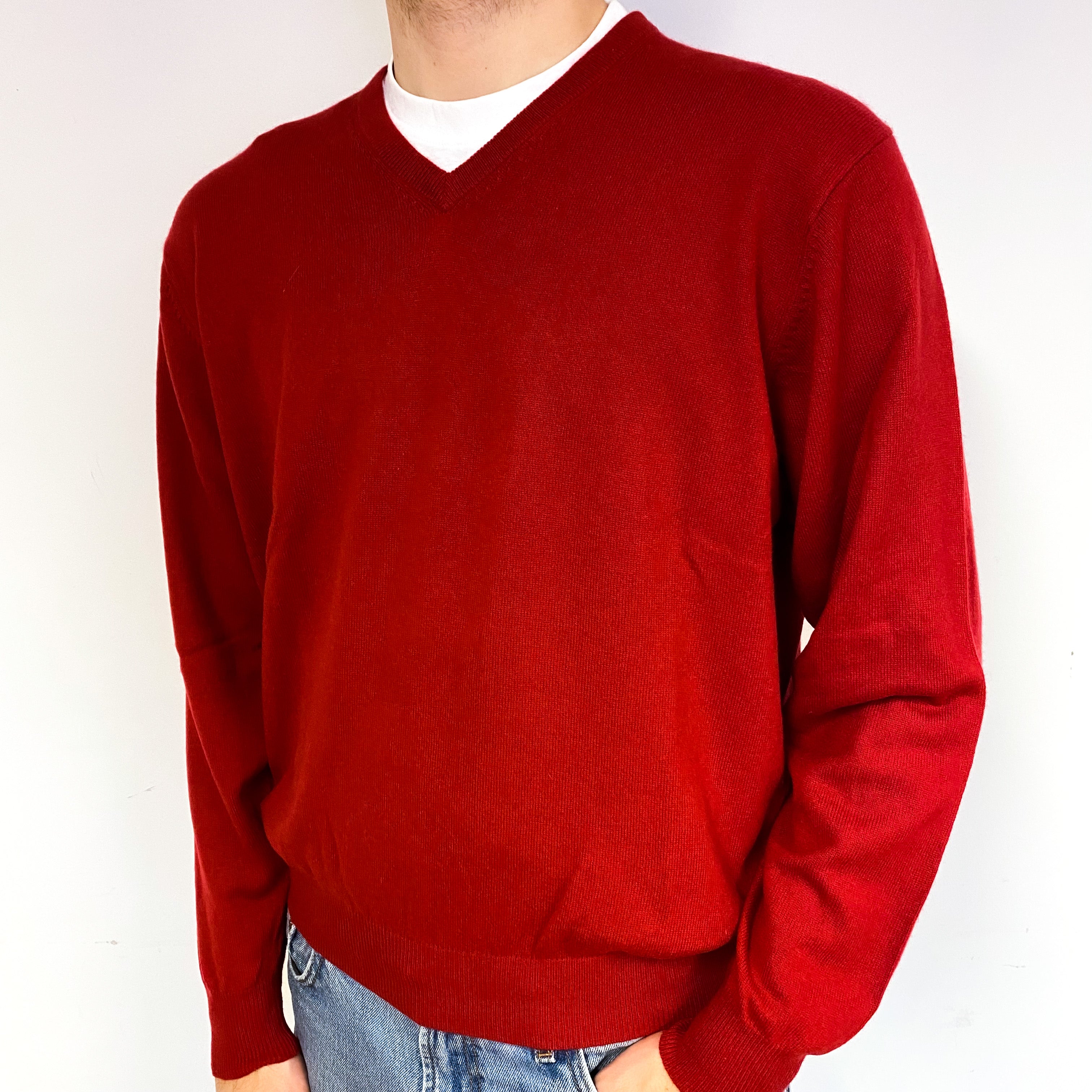 Men's Post Box Red Cashmere V-Neck Jumper Medium