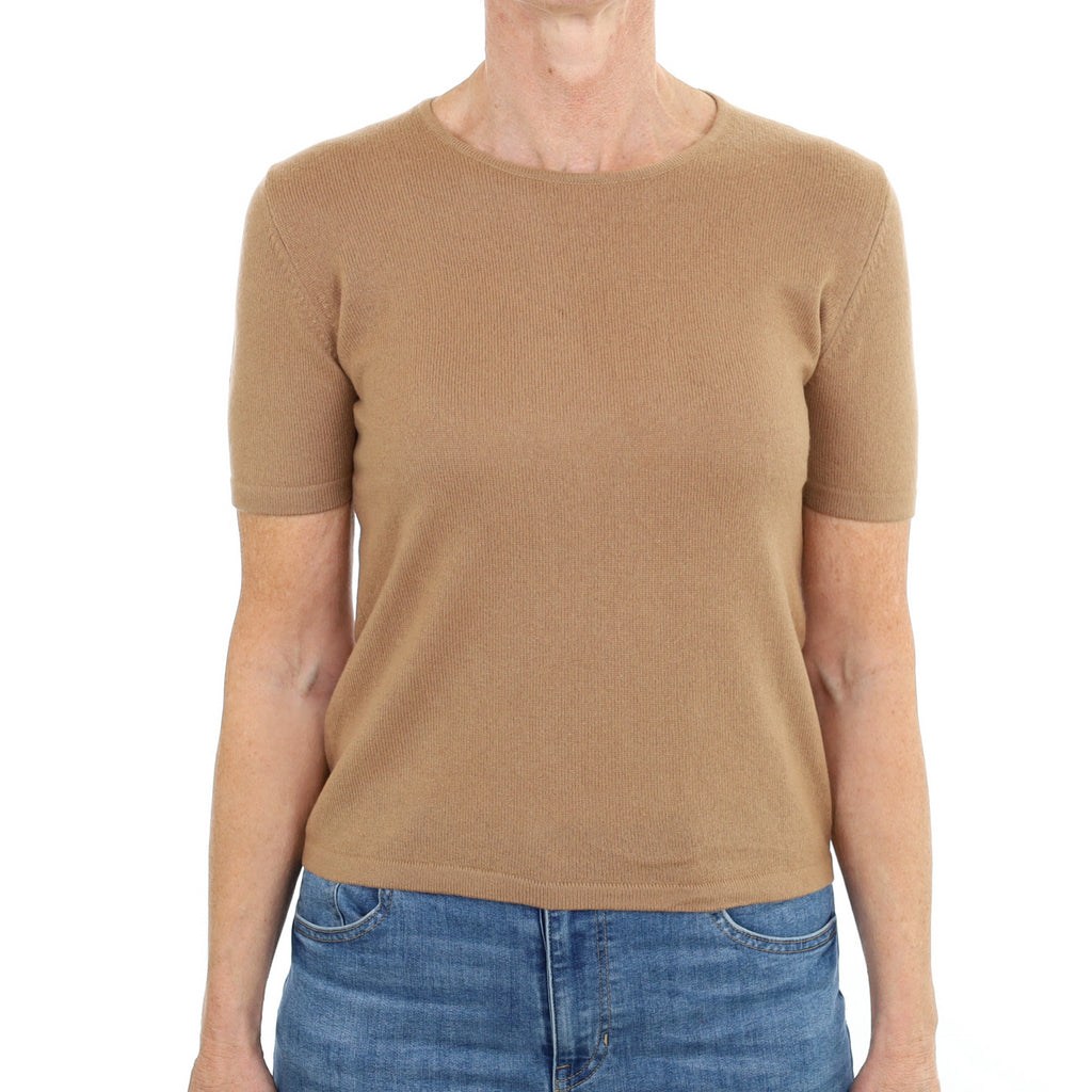 Camel Brown Cashmere Crew Neck Short Sleeved Jumper Small