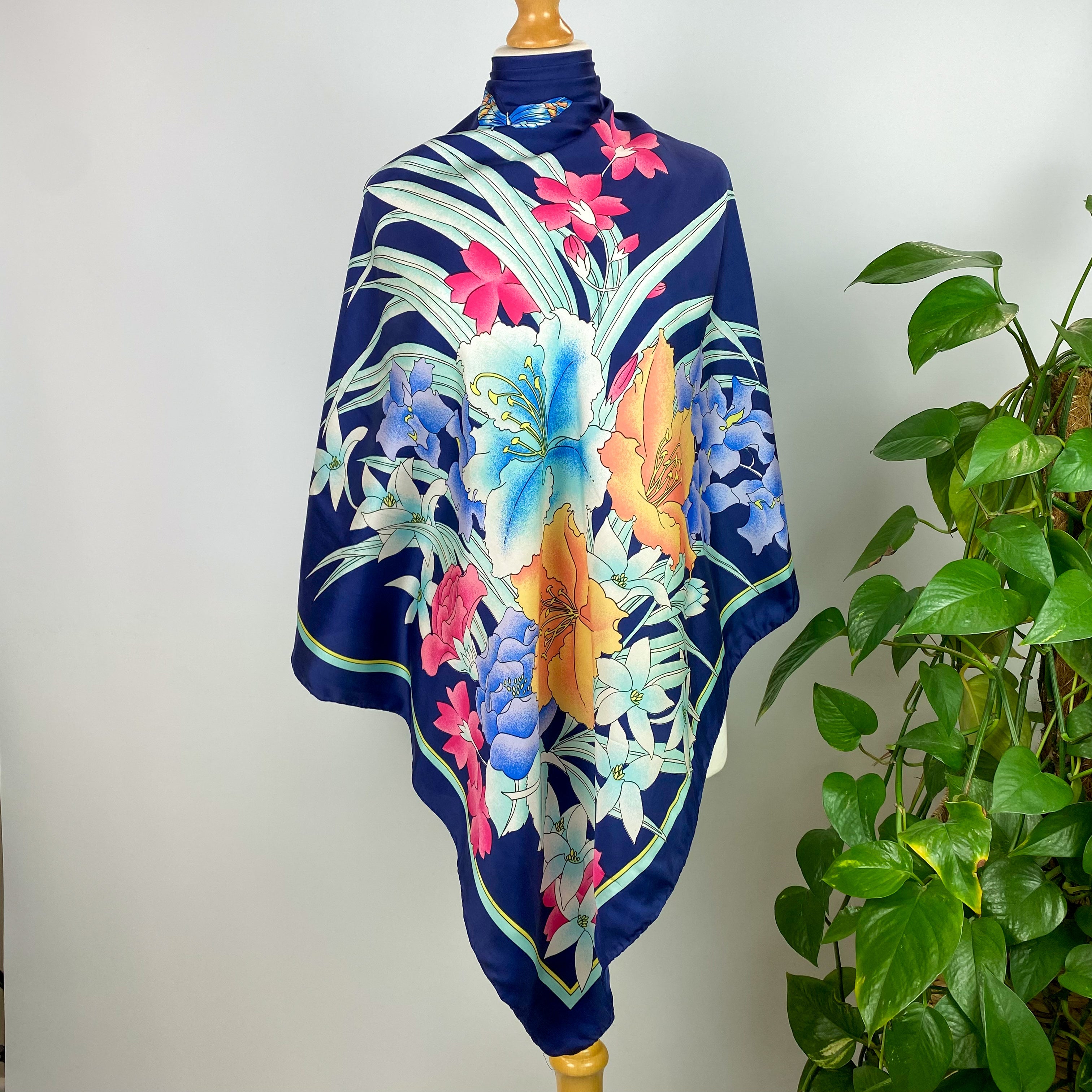 French Navy Floral Vintage Silk Scarf