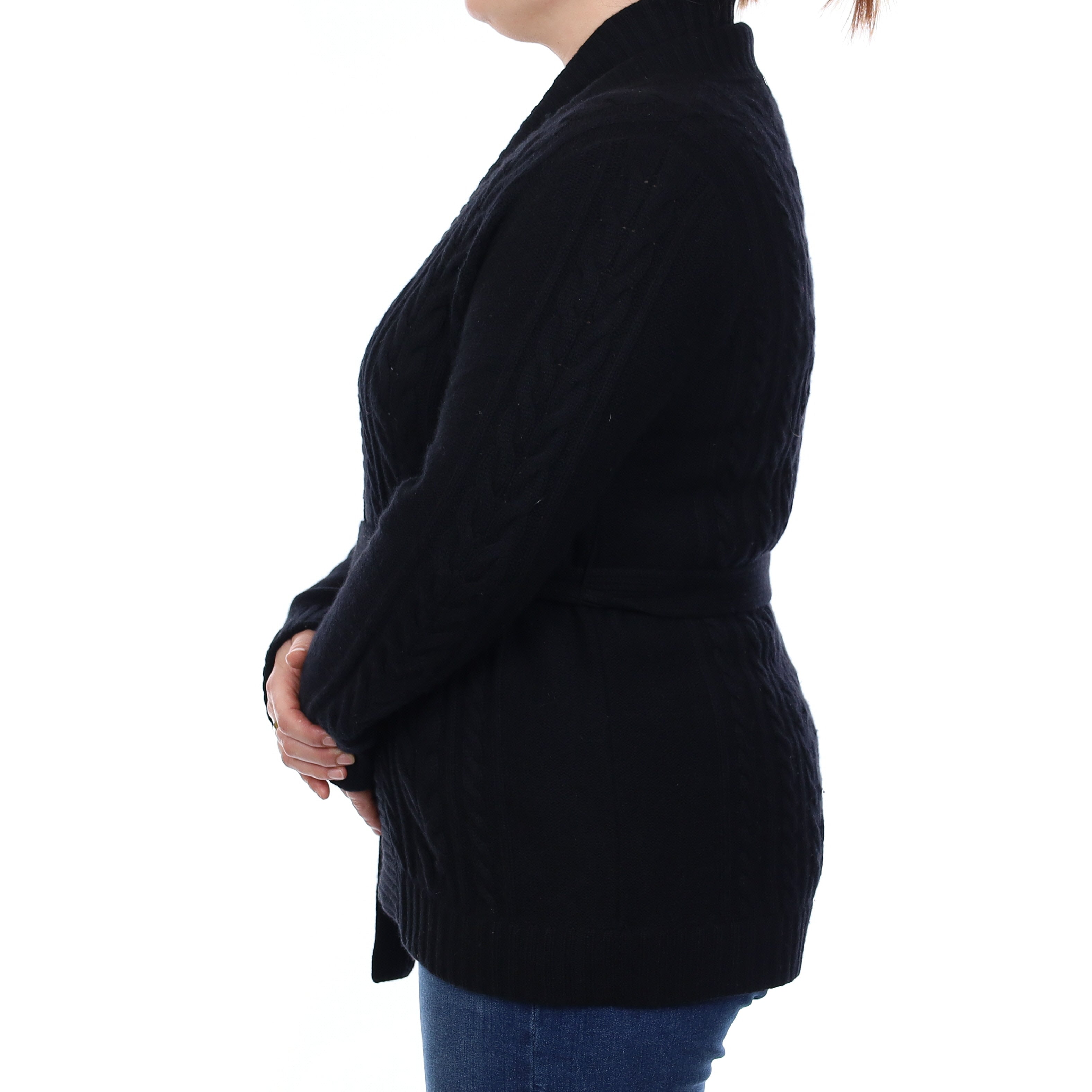 Black Chunky Cable Cashmere Cardigan with Belt Large