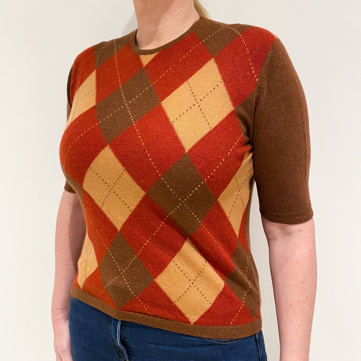 Brown and Red Diamond Cashmere Short Sleeved Crew Neck Jumper Large