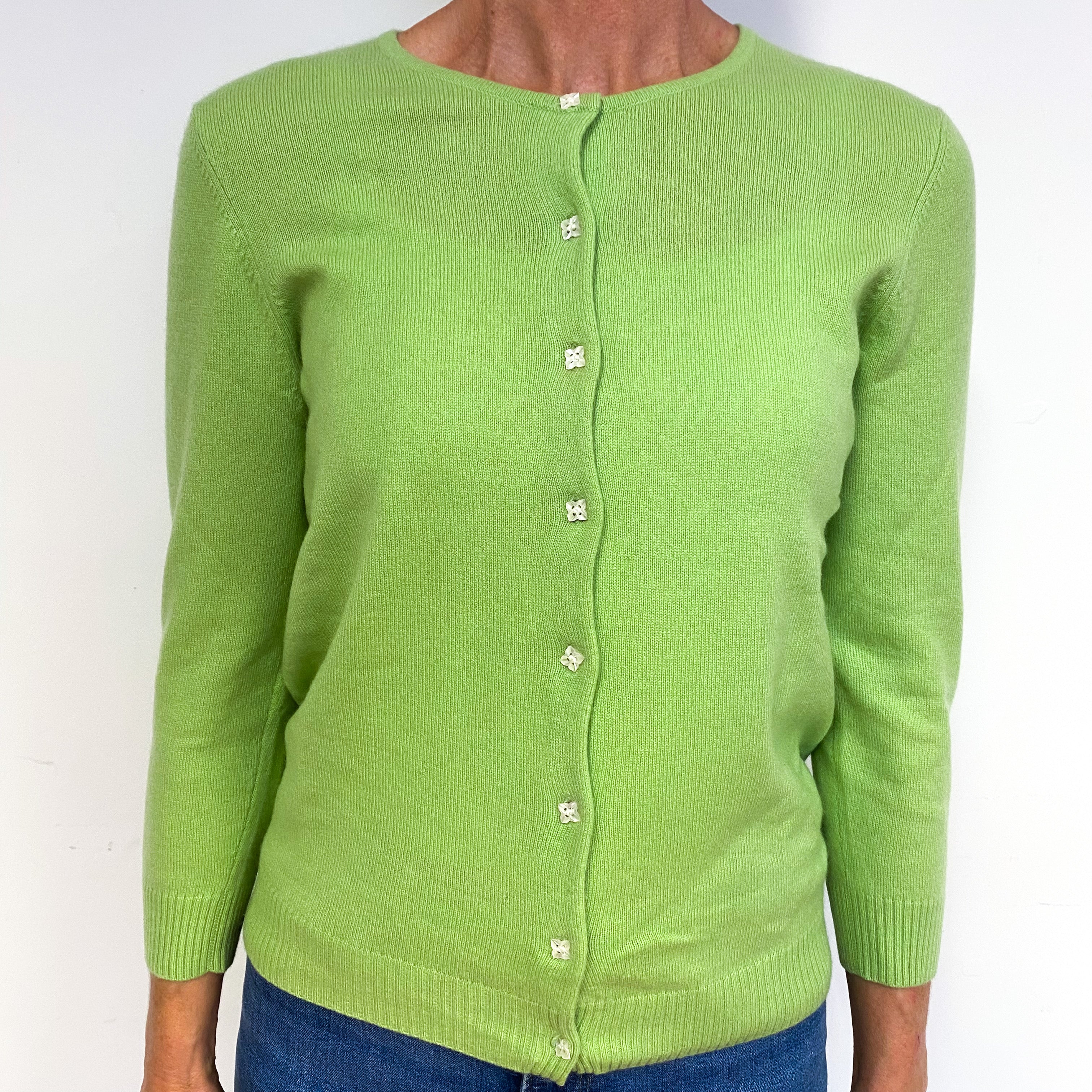 Lime Green 3/4 Sleeve Cashmere Crew Neck Cardigan Medium