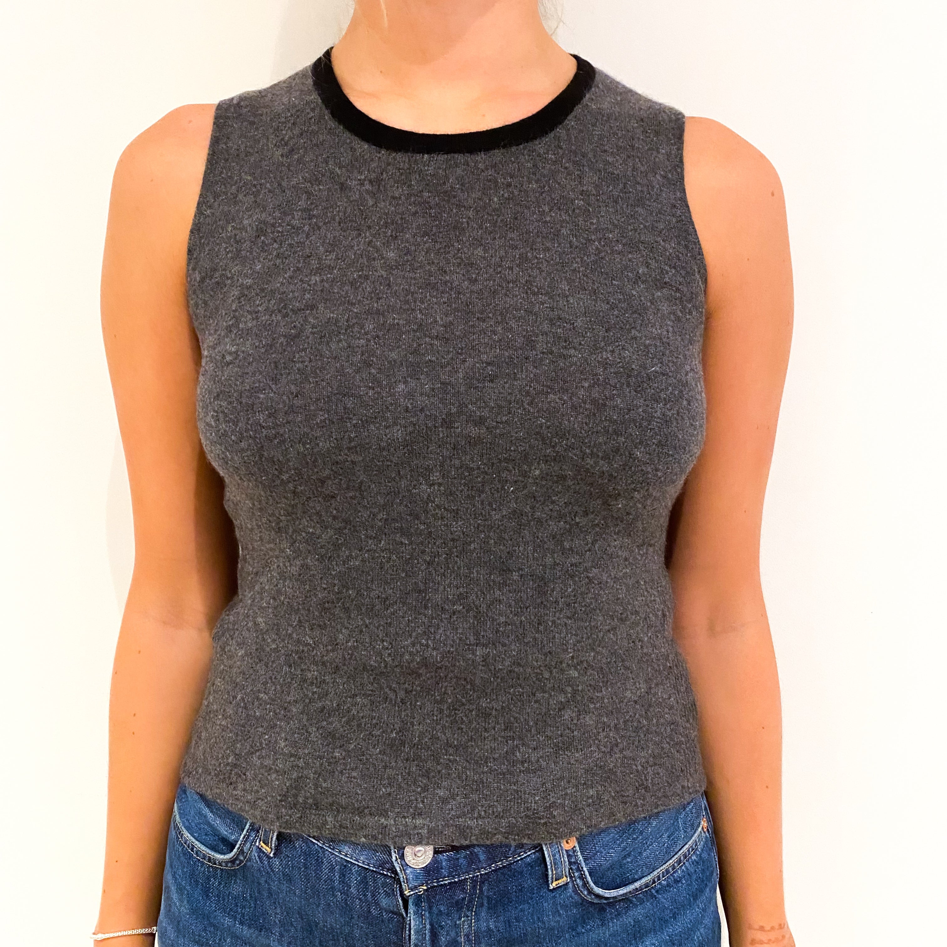 Slate Grey Cashmere Sleeveless Crew Neck Jumper Small