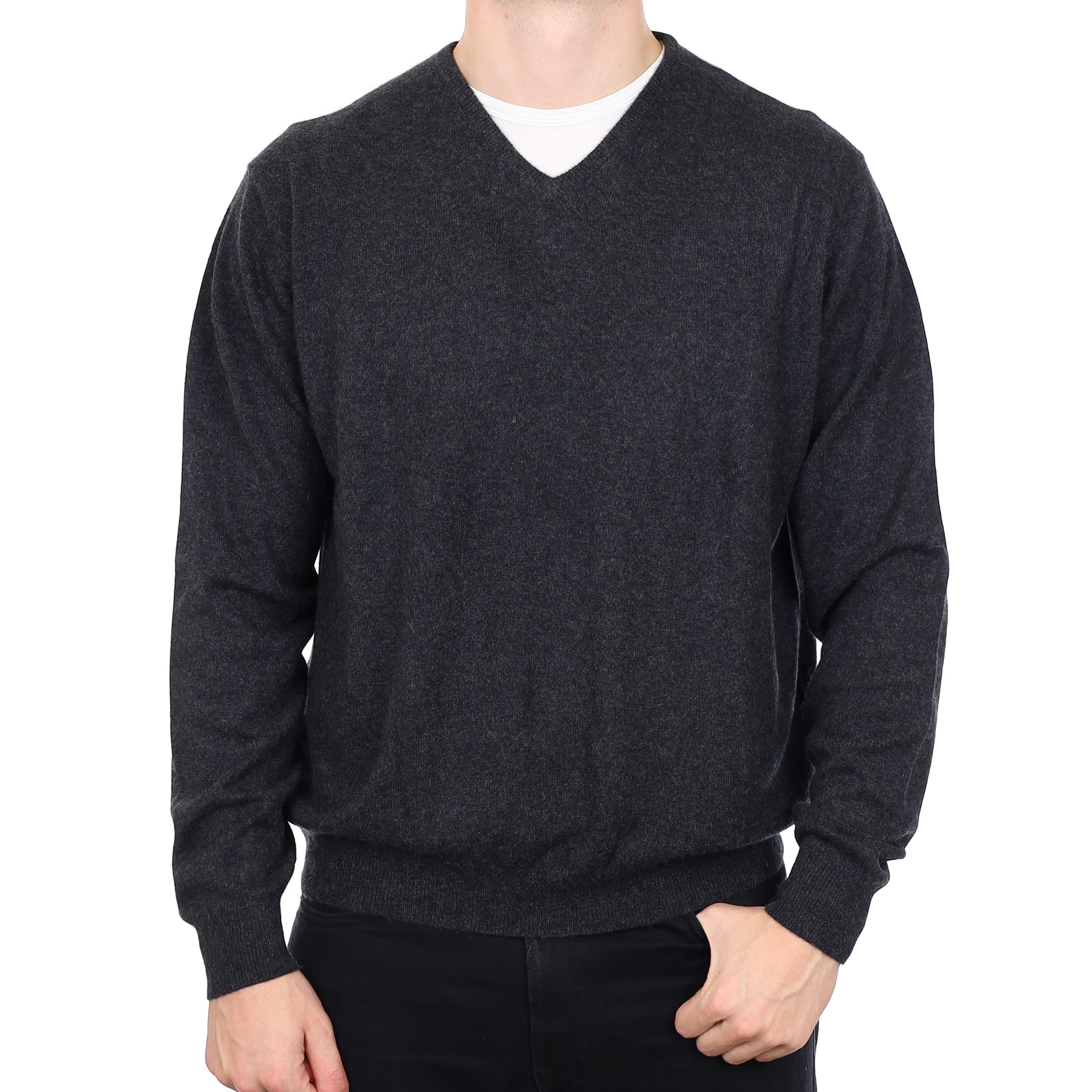 Men’s Charcoal Grey Cashmere V Neck Jumper Extra Large