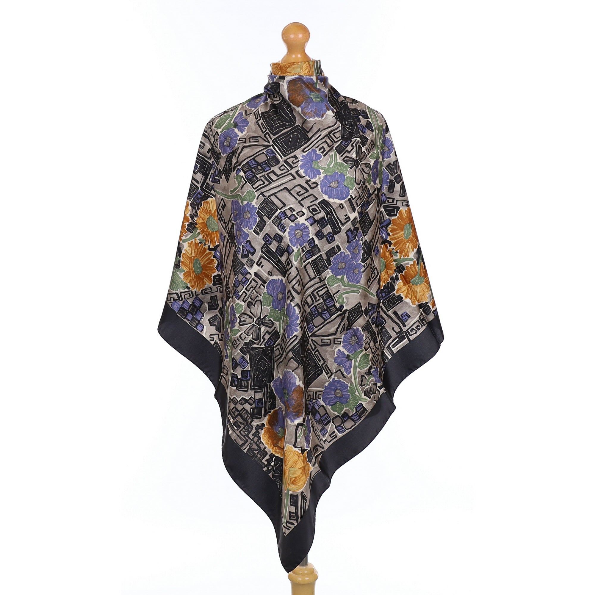Black and Blue Floral Silk Scarf