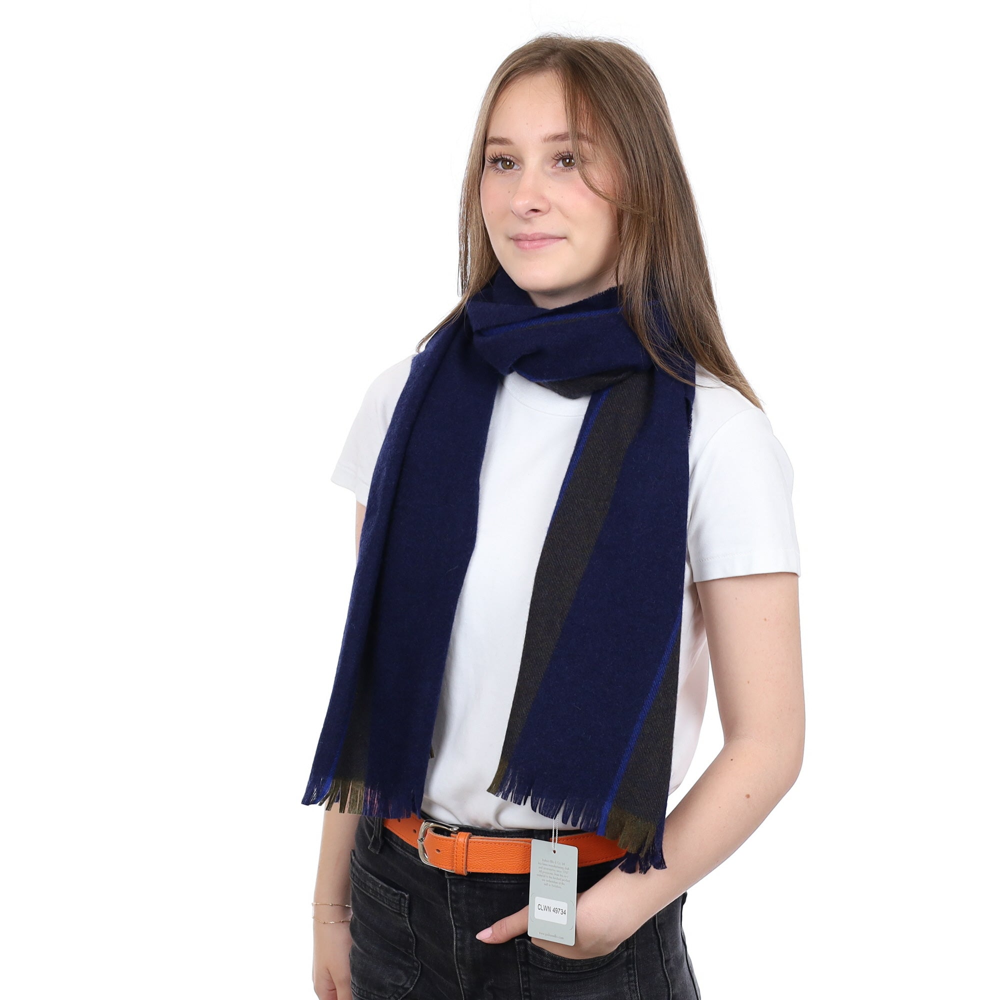 Brand New British Navy & Khaki Stripe Luxury Woven Cashmere Mini Wrap