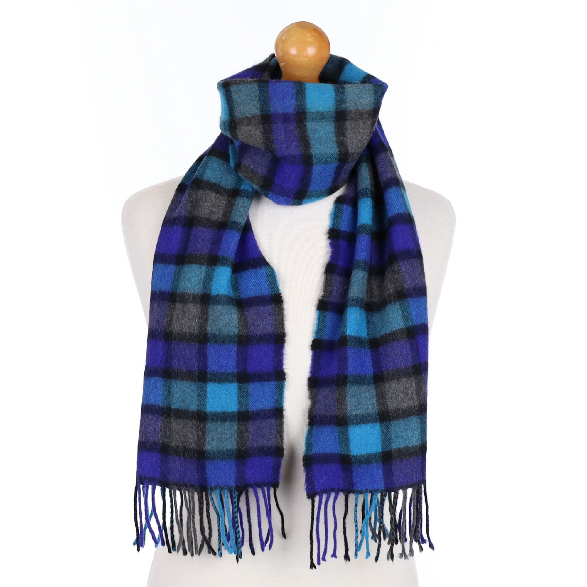 Electric Blue and Grey Checked Cashmere Fringed Woven Scarf