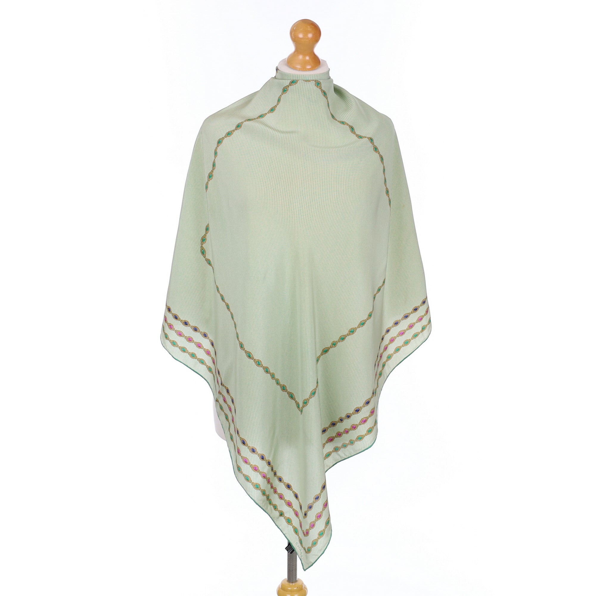 Chanel Green Jewel Design Vintage Silk Scarf