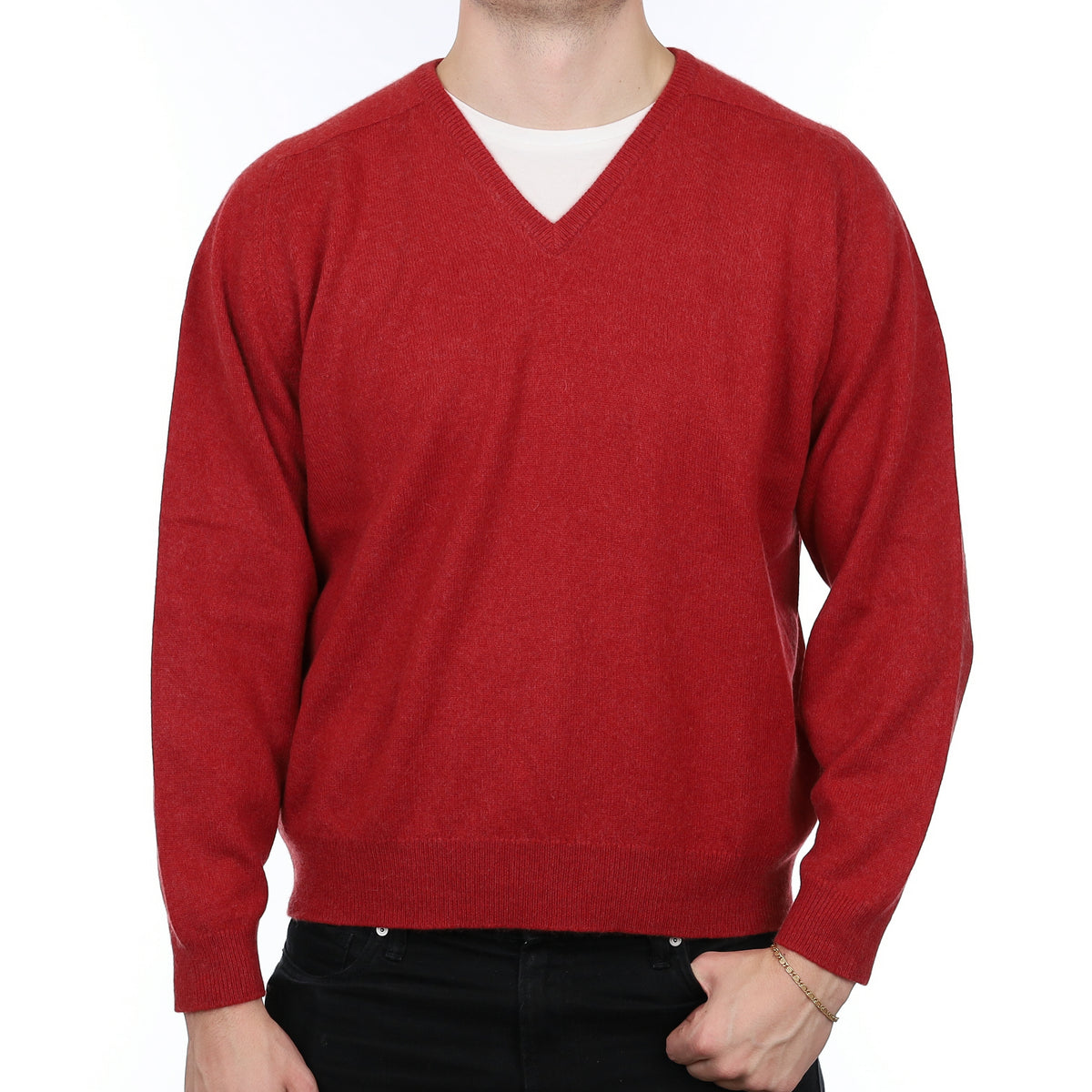 Men’s Scottish Johnston’s Brick Red Cashmere V Neck Jumper Extra Large