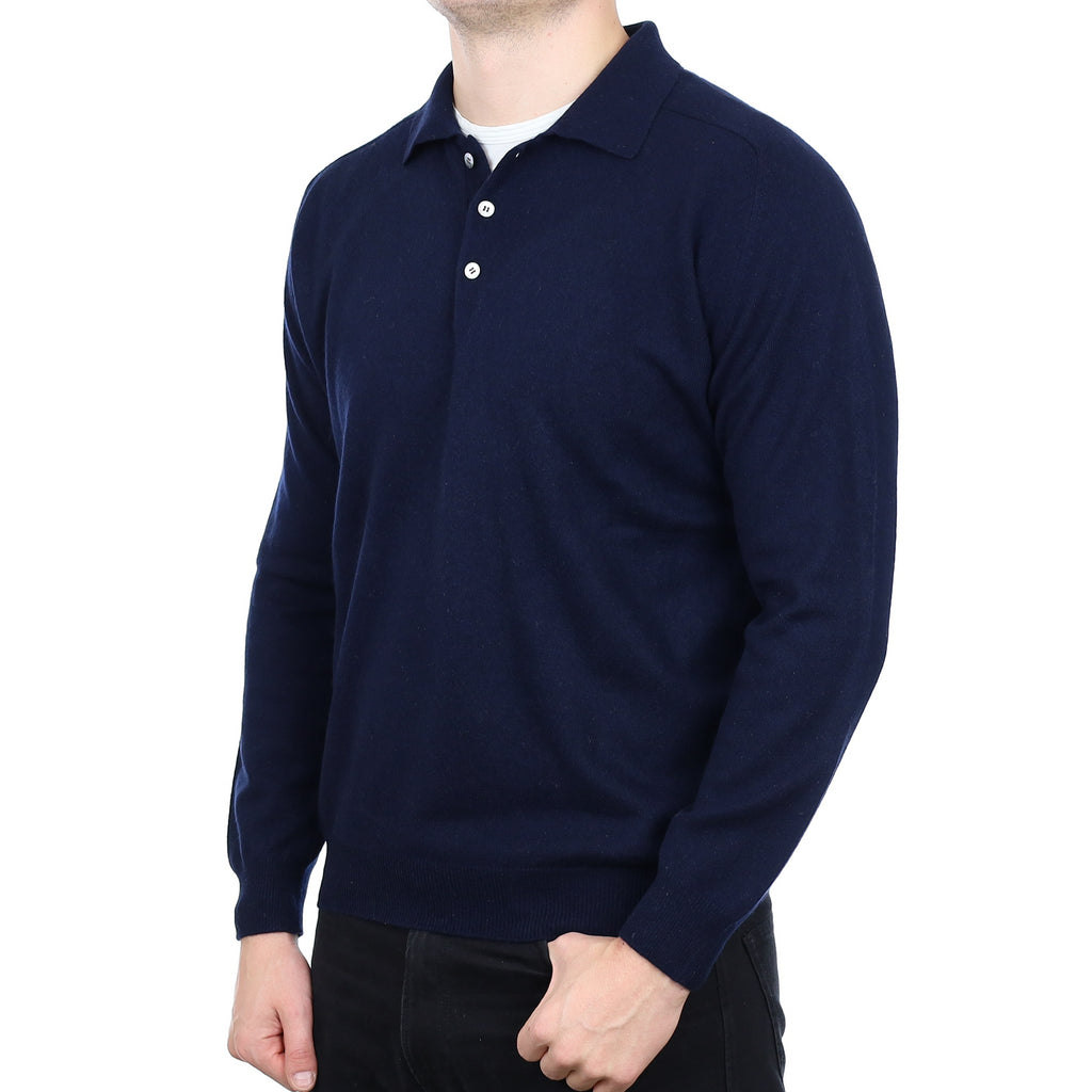Men’s Yorn Navy Blue Cashmere Collared 1/4 Button Jumper XL