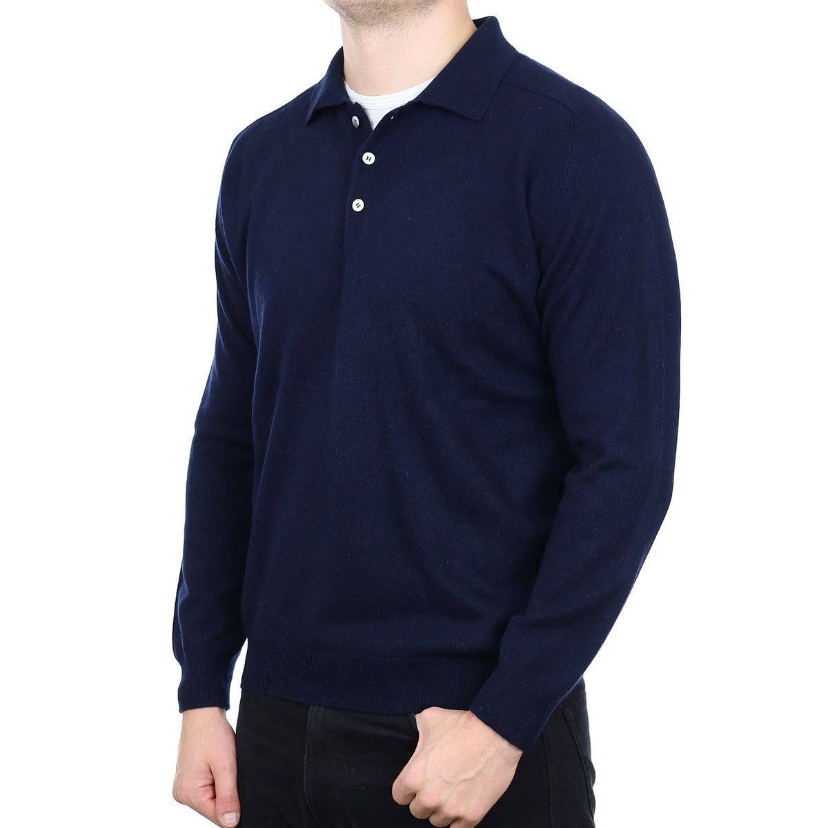 Men’s Yorn Navy Blue Cashmere Collared 1/4 Button Jumper XL