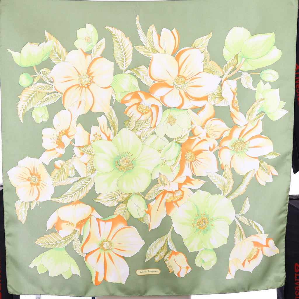 Salvatore Ferragamo Green Floral Designer Silk Scarf