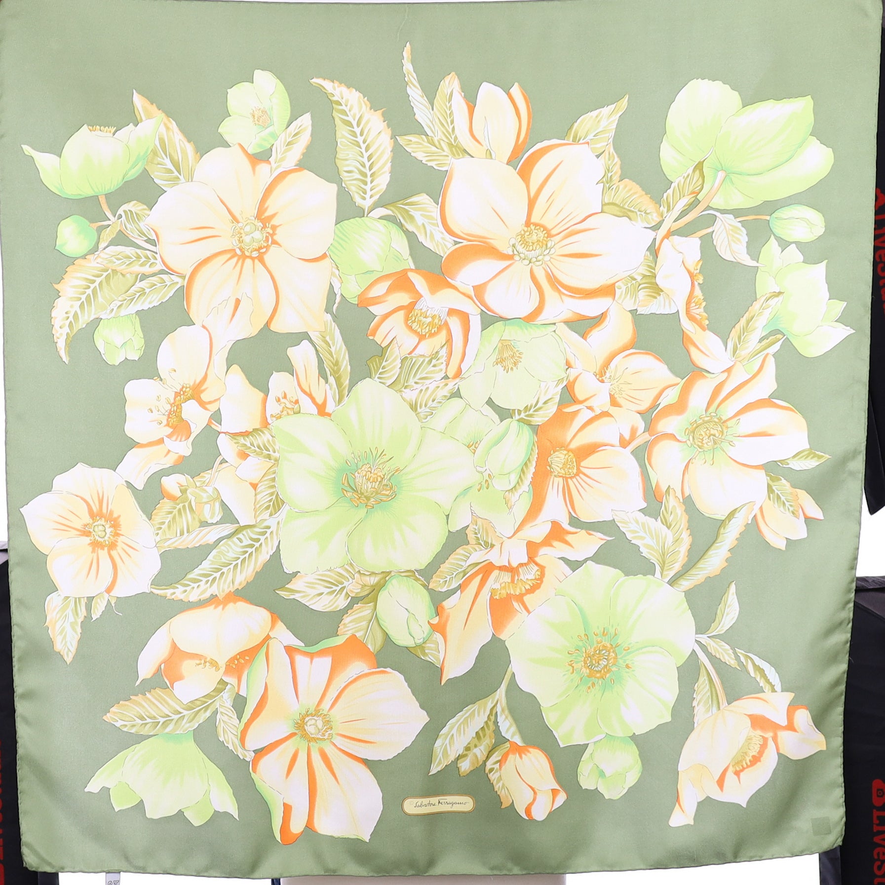 Salvatore Ferragamo Green Floral Designer Silk Scarf