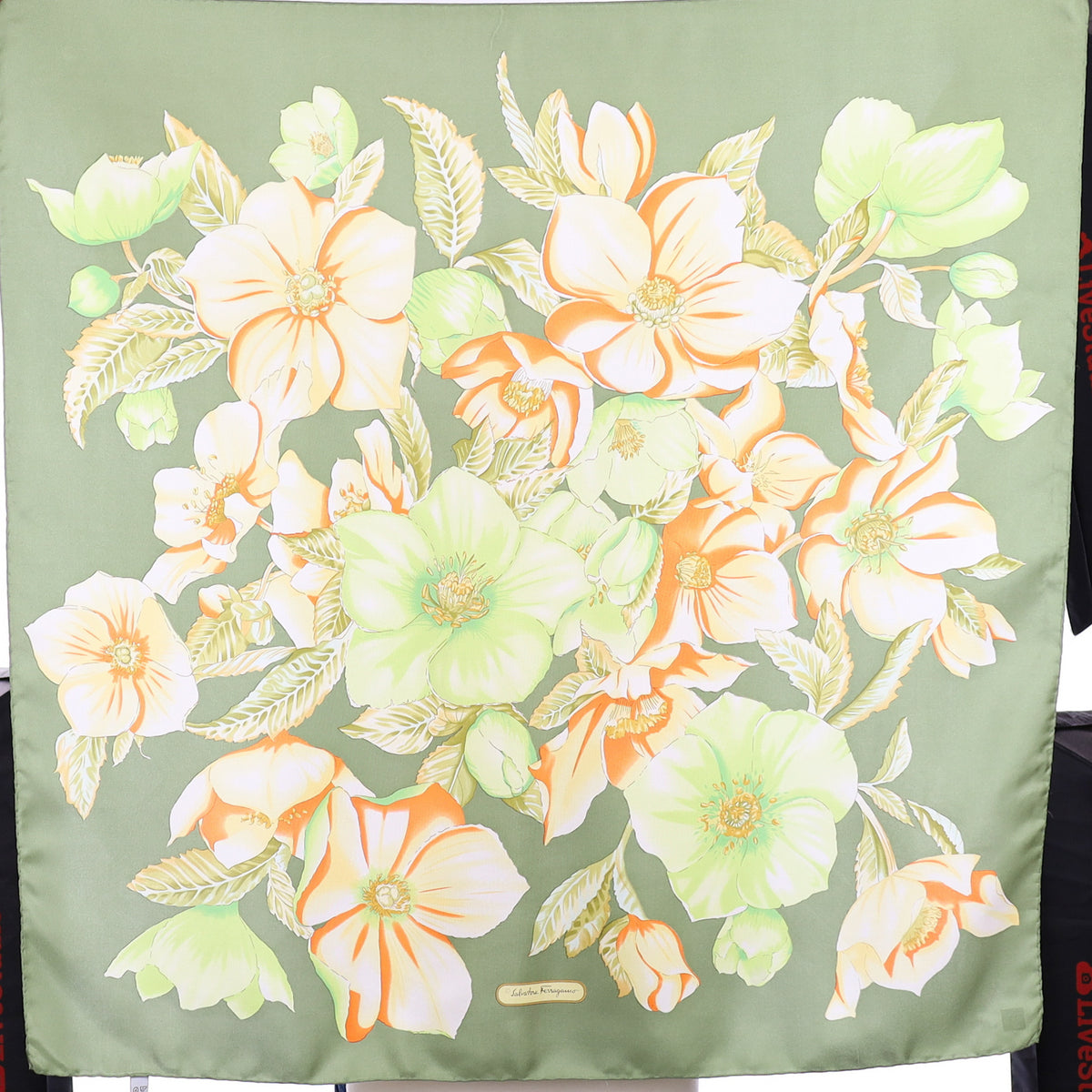 Salvatore Ferragamo Green Floral Designer Silk Scarf