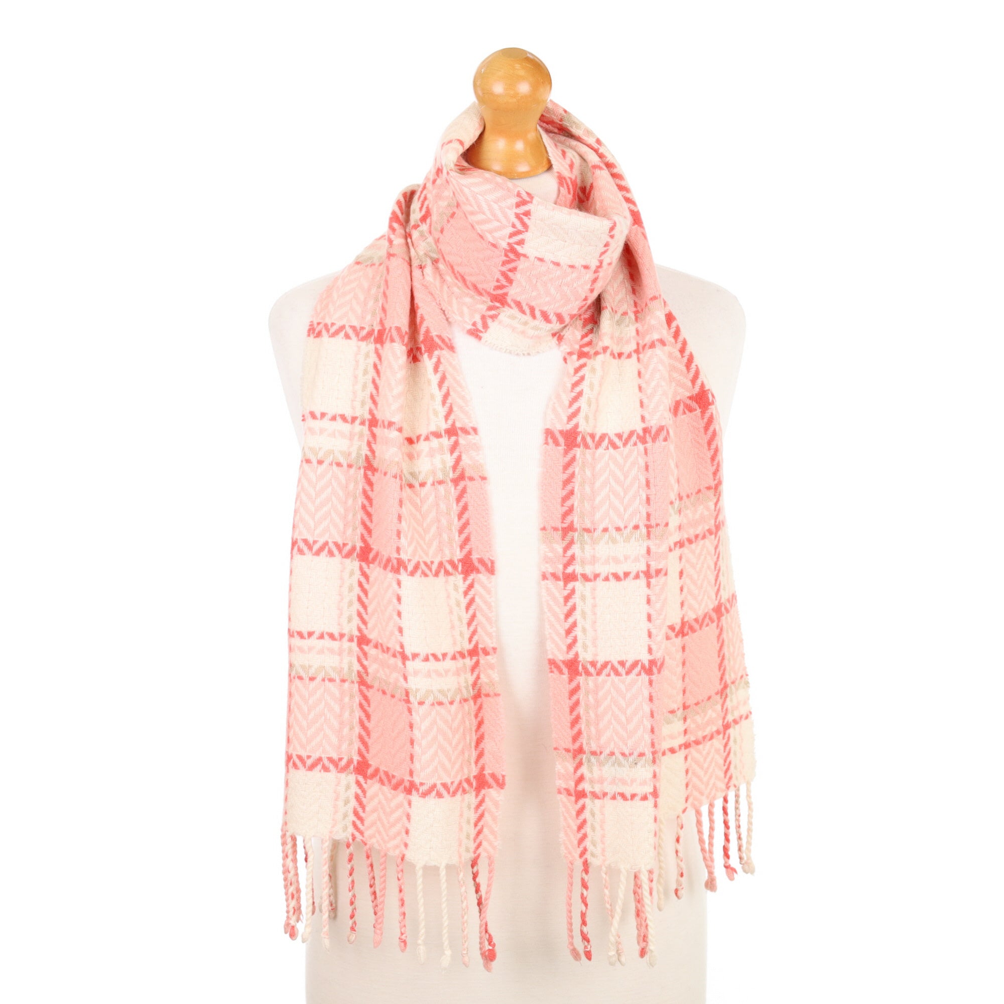 Pink and Cream Textured Fringed Cashmere Woven Scarf