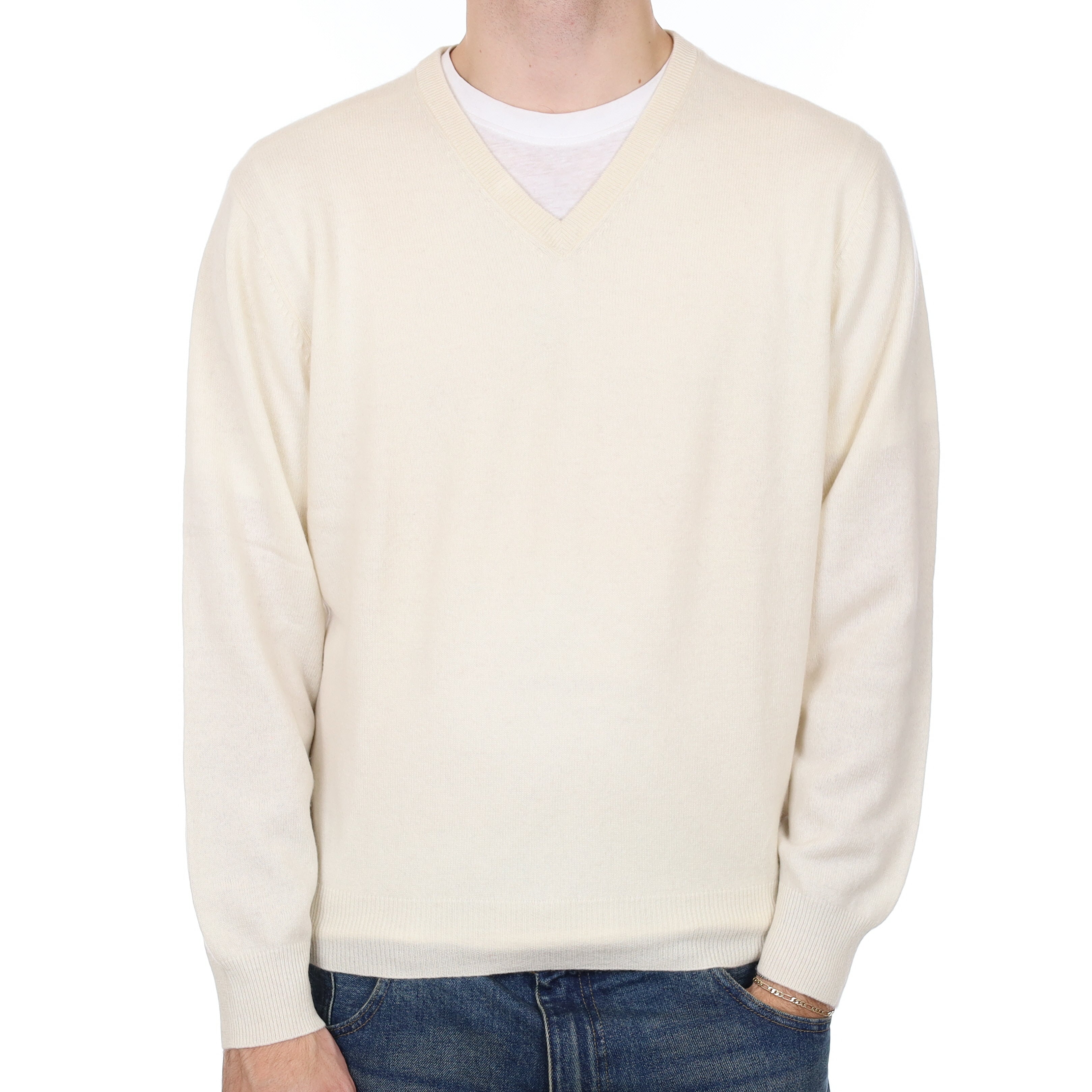 Men’s Ivory Cashmere V Neck Jumper Large