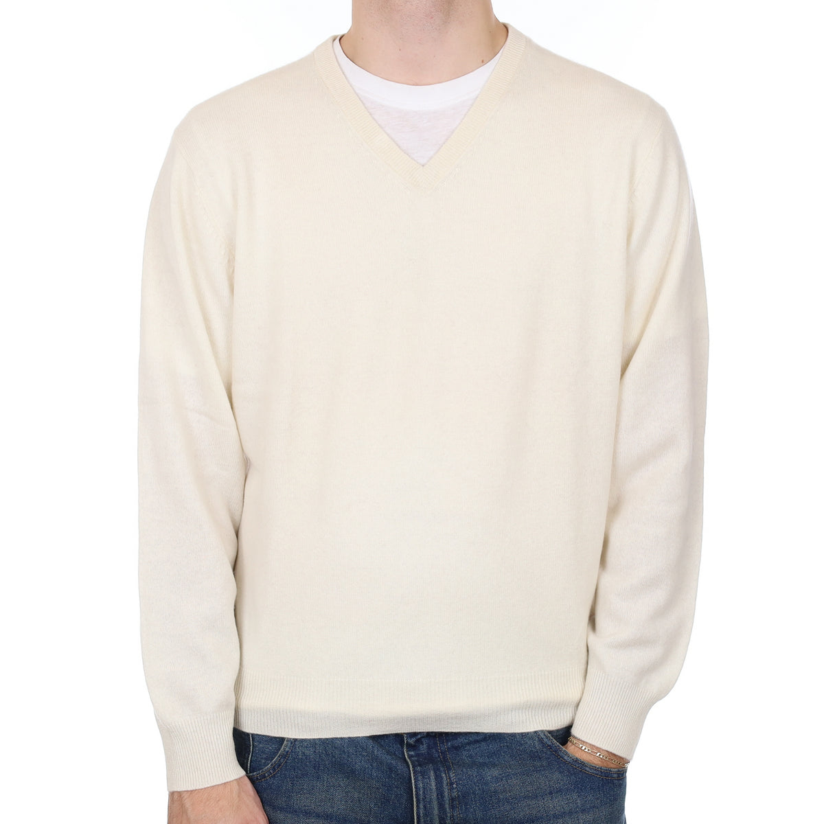 Men’s Ivory Cashmere V Neck Jumper Large