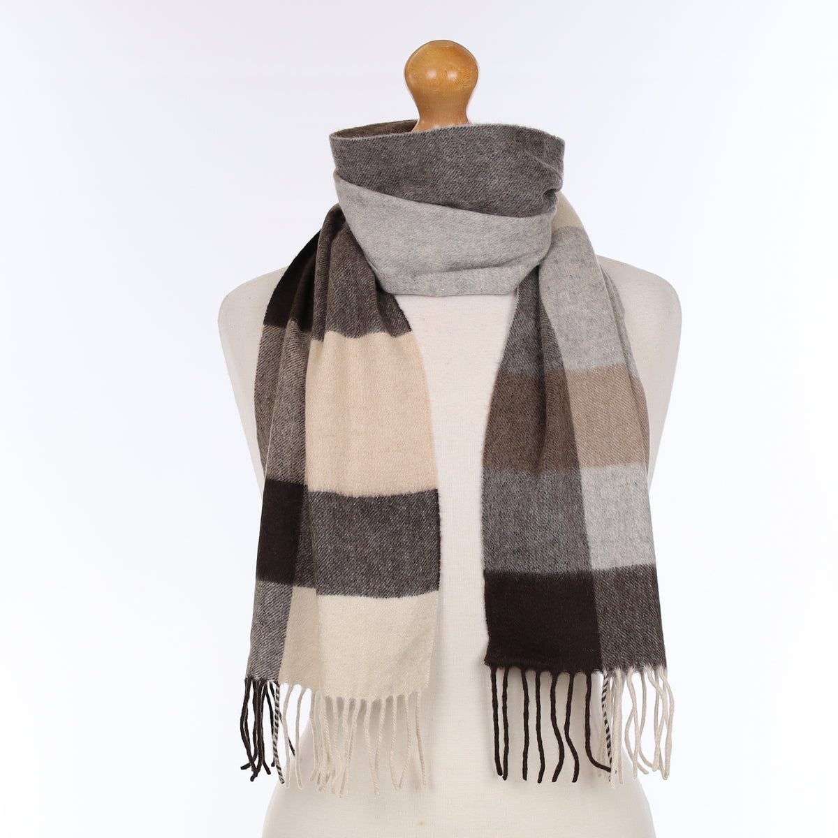 Grey and Brown Checked Cashmere Woven Scarf