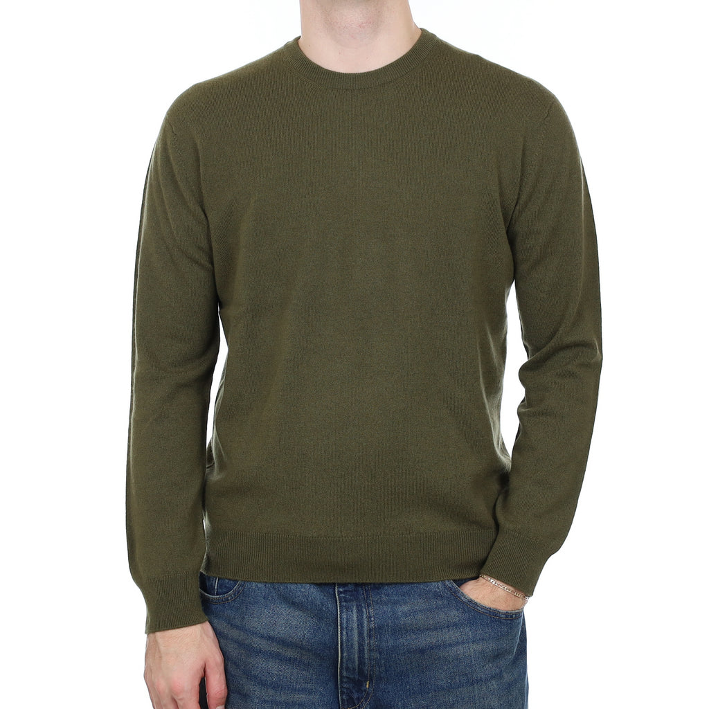 Men’s Brand New Scottish Khaki Green Cashmere Crew Neck Jumper Medium