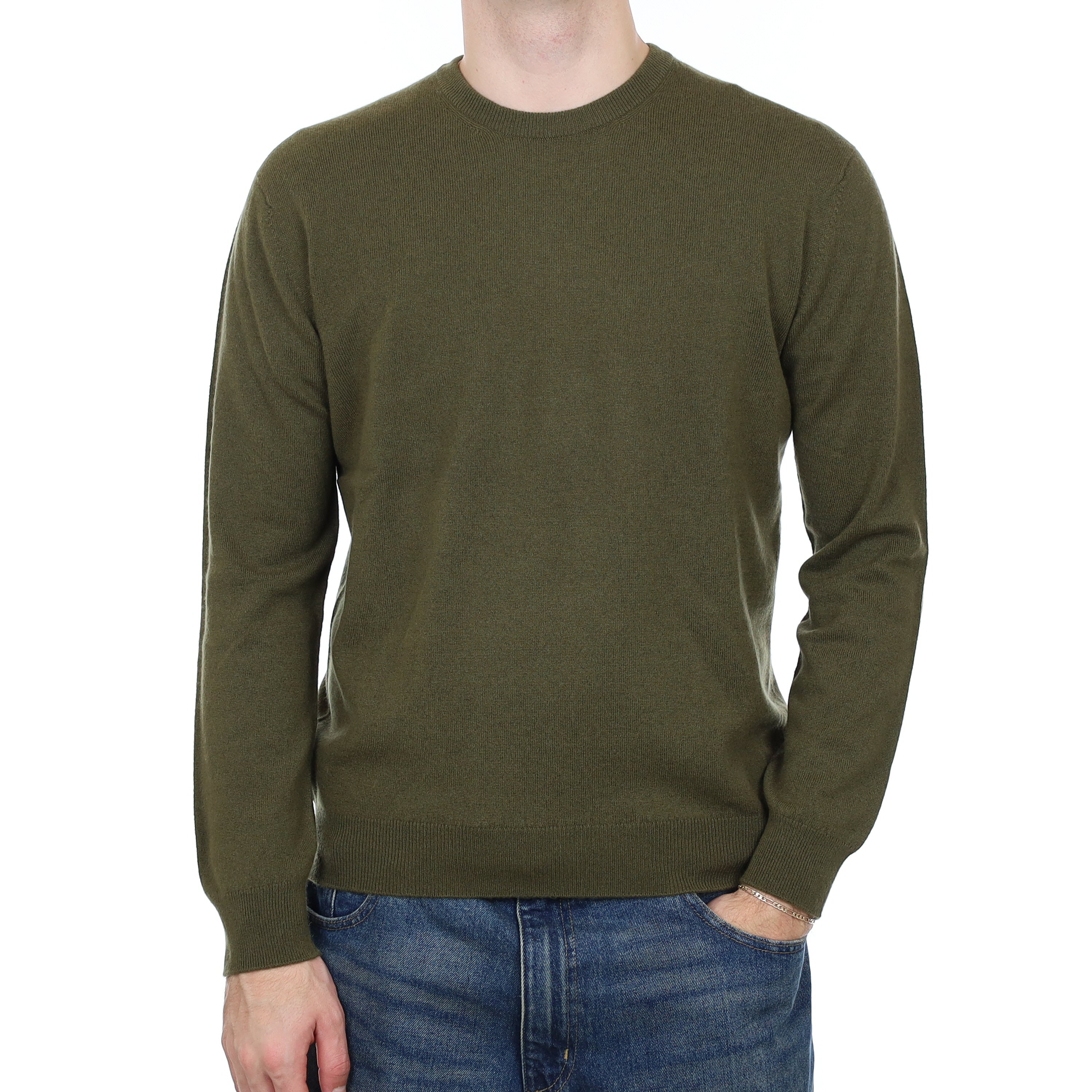 Men’s Brand New Scottish Khaki Green Cashmere Crew Neck Jumper Medium