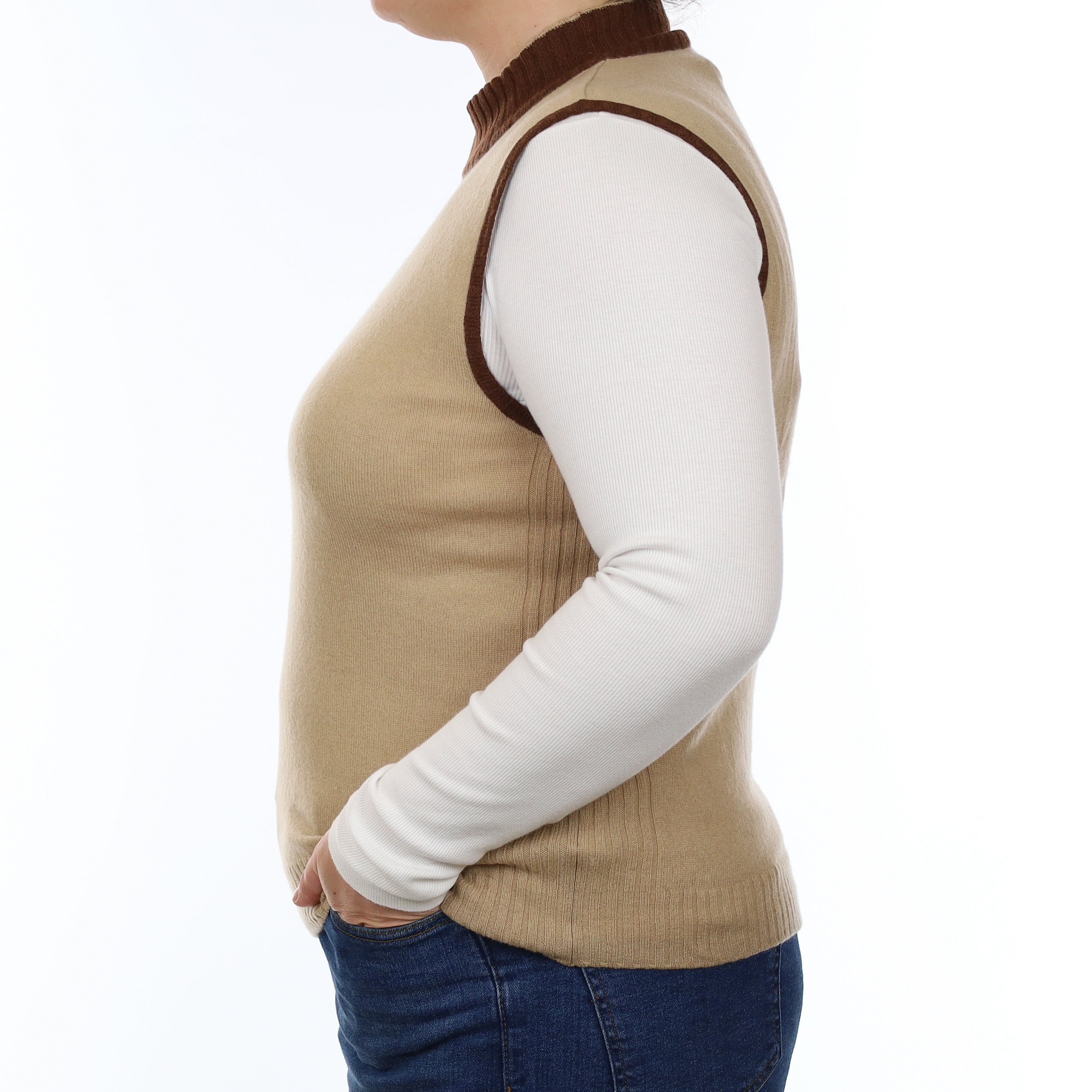 Camel with Chocolate Trim Cashmere Sleeveless Turtle Neck Jumper Large