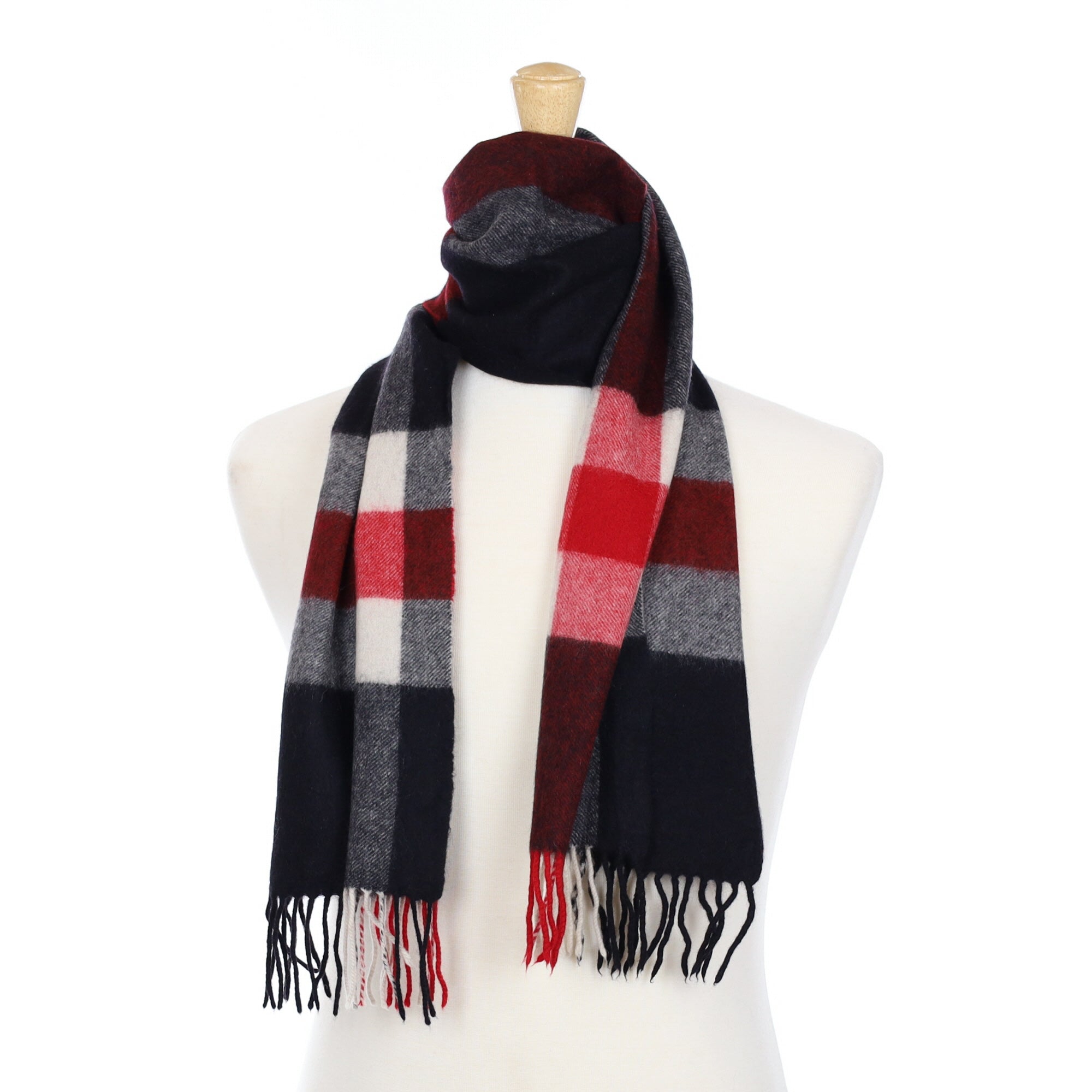 Black and Red Checked Cashmere Fringed Woven Scarf
