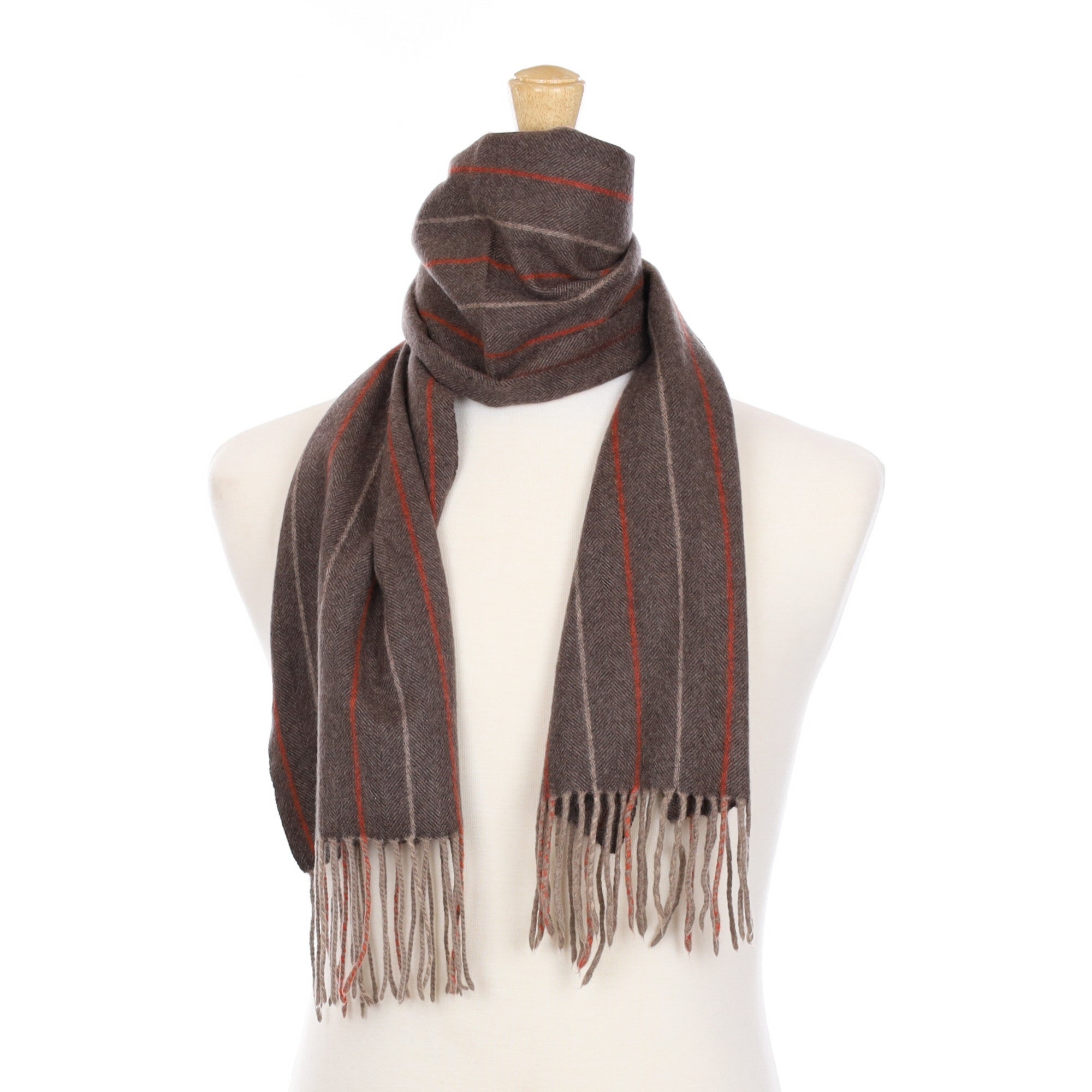 Mole Brown and Rust Herringbone Cashmere Fringed Woven Scarf