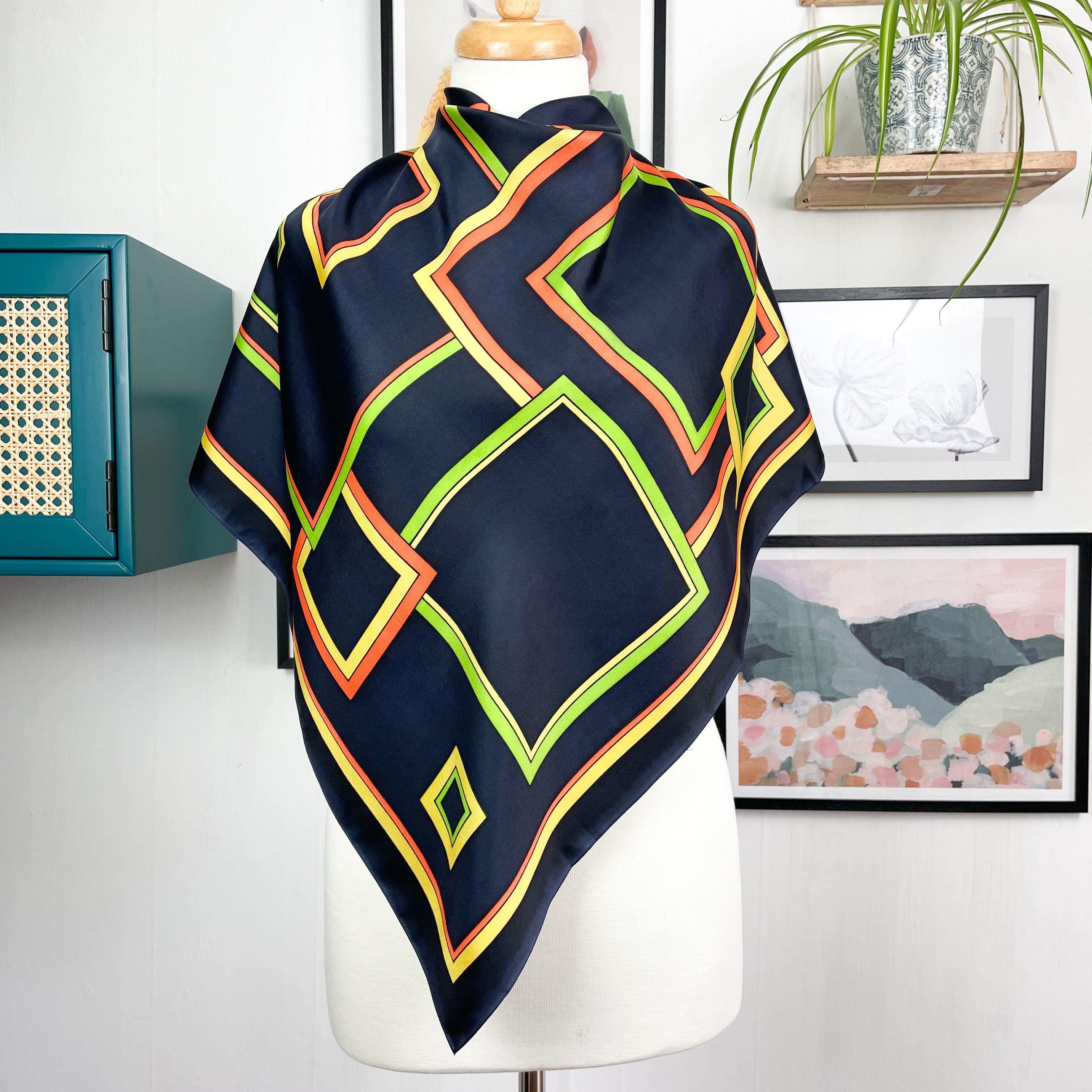 1970s Navy Geometric Vintage Silk Scarf