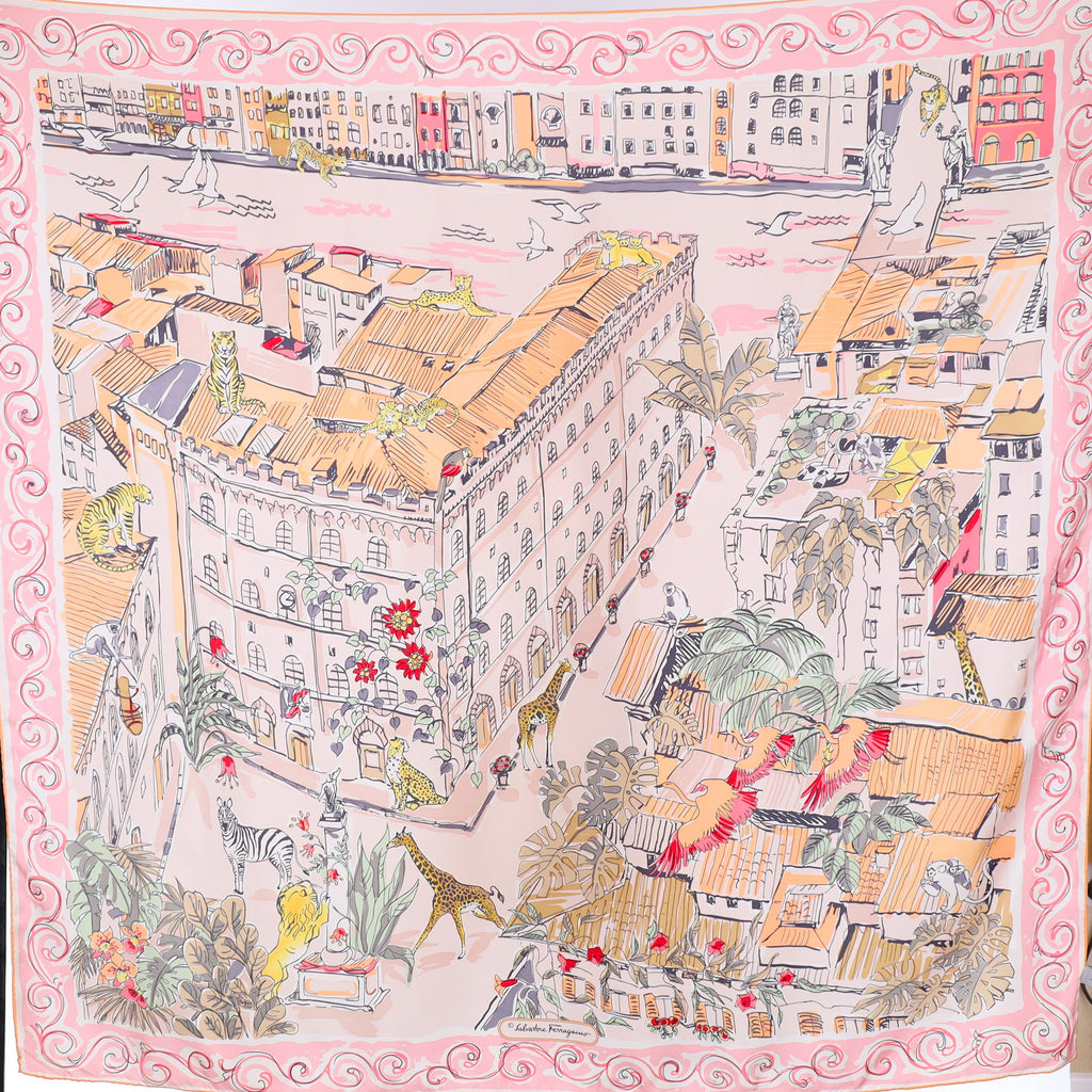 Salvatore Ferragamo Pink City Scape Silk Scarf