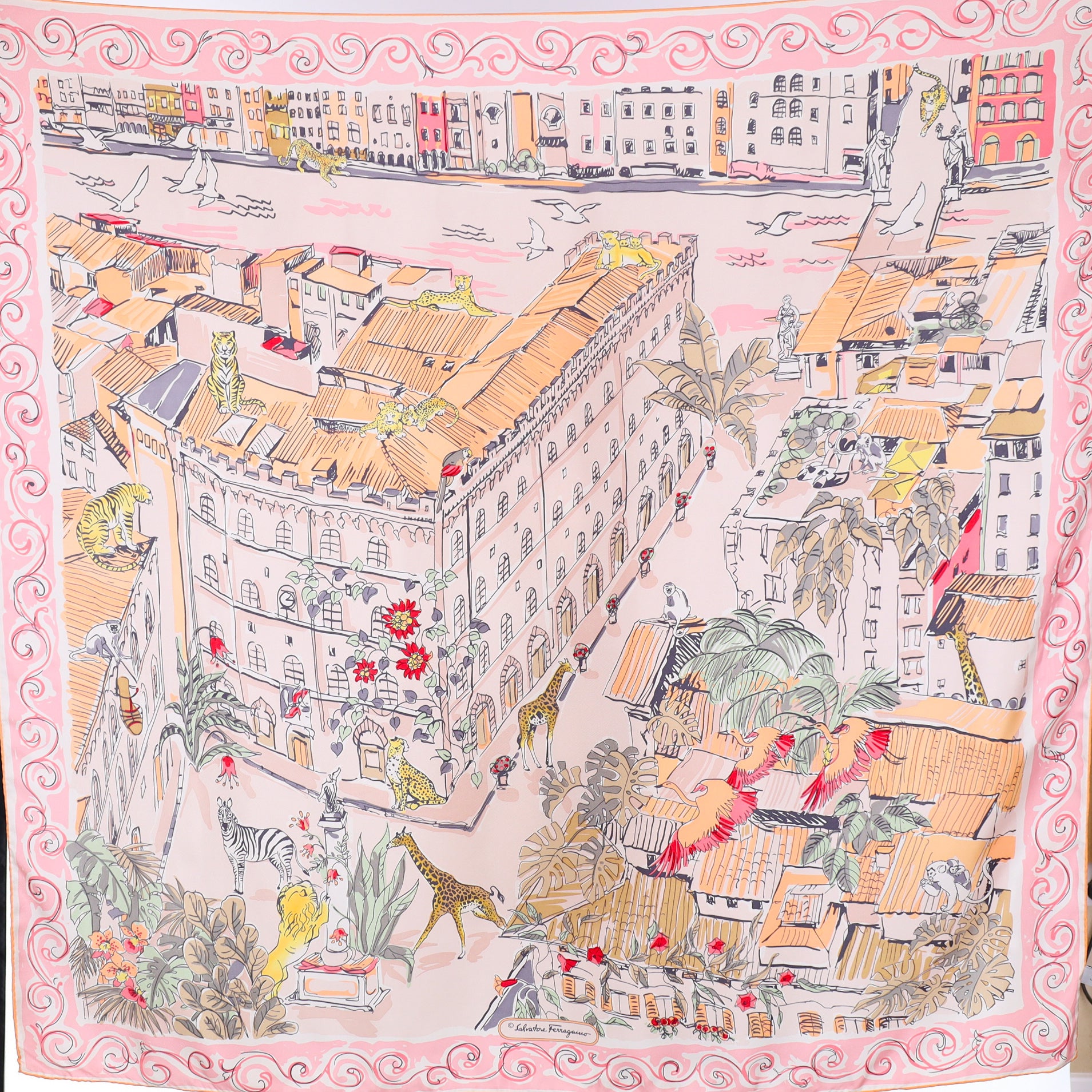Salvatore Ferragamo Pink City Scape Silk Scarf