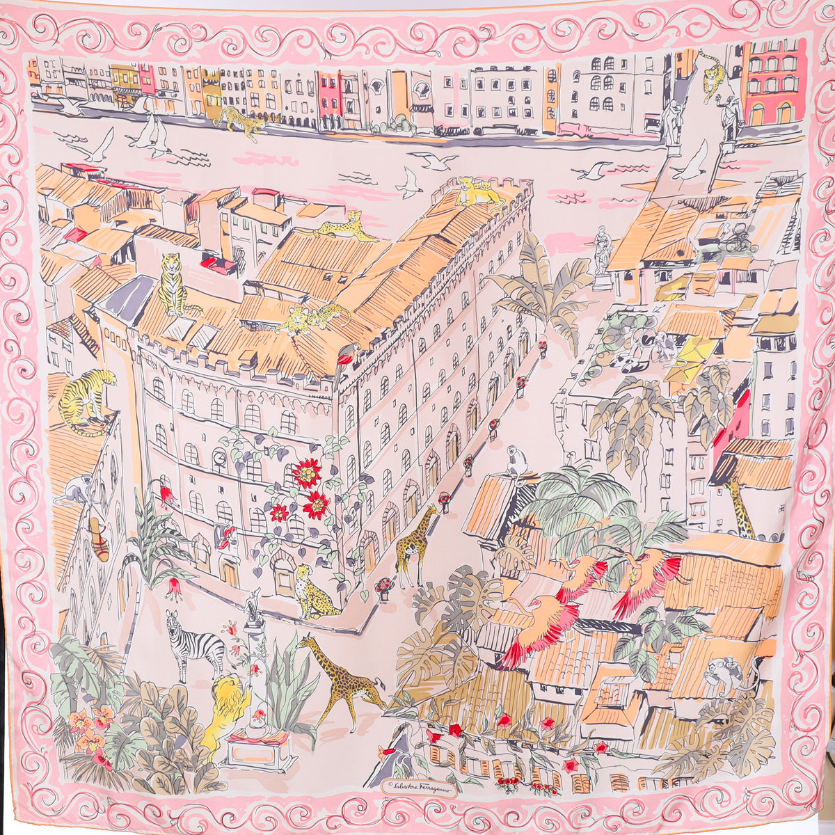 Salvatore Ferragamo Pink City Scape Silk Scarf