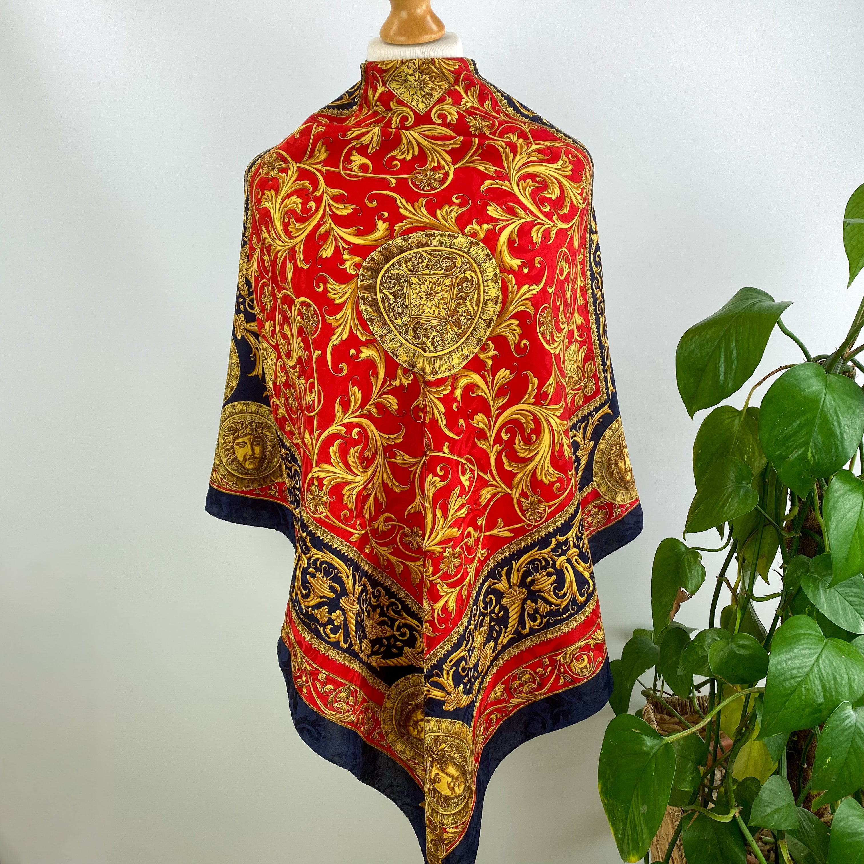 Traditional Design Red, Gold and Navy Blue Silk Scarf