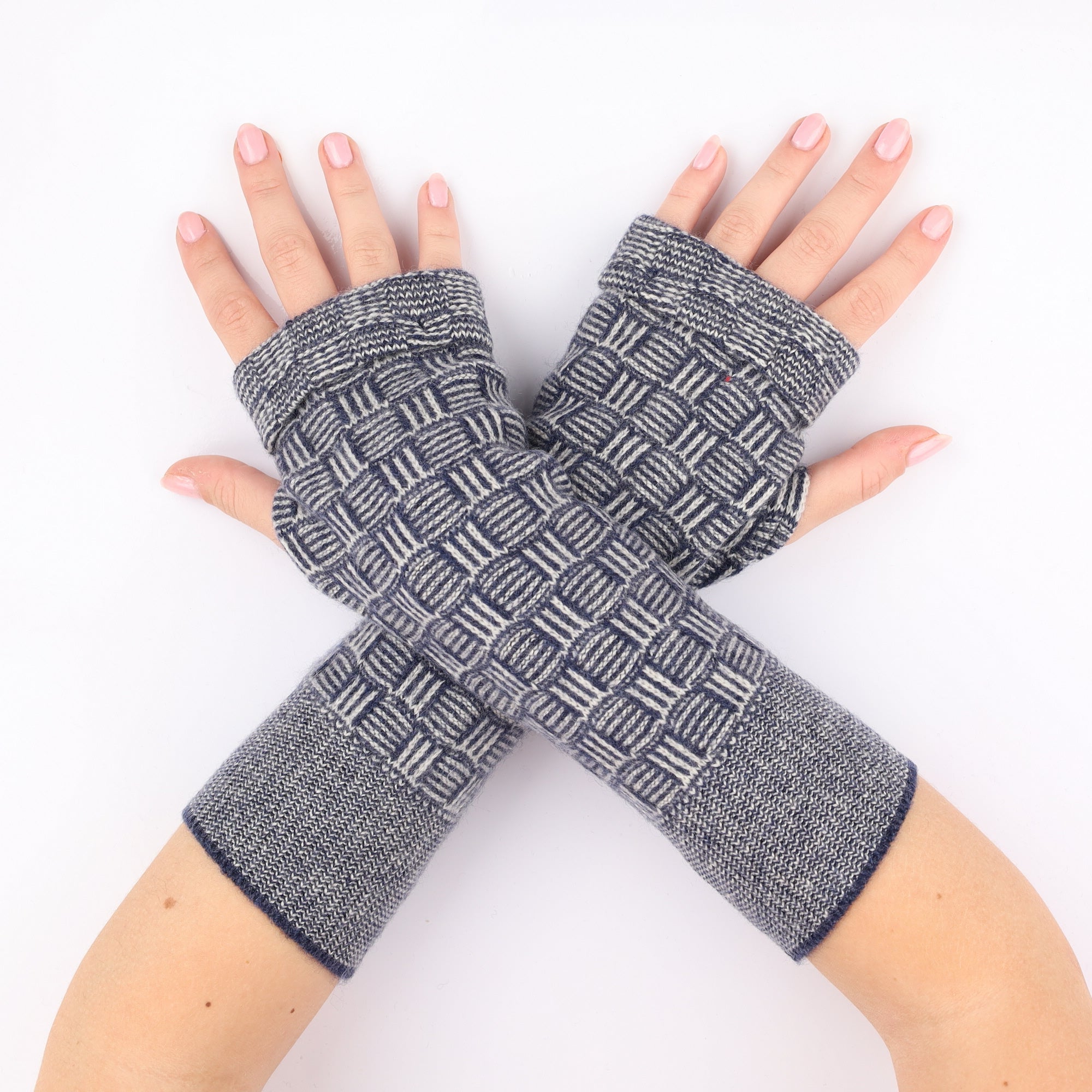 Navy Basket Weave Textured Fingerless Gloves