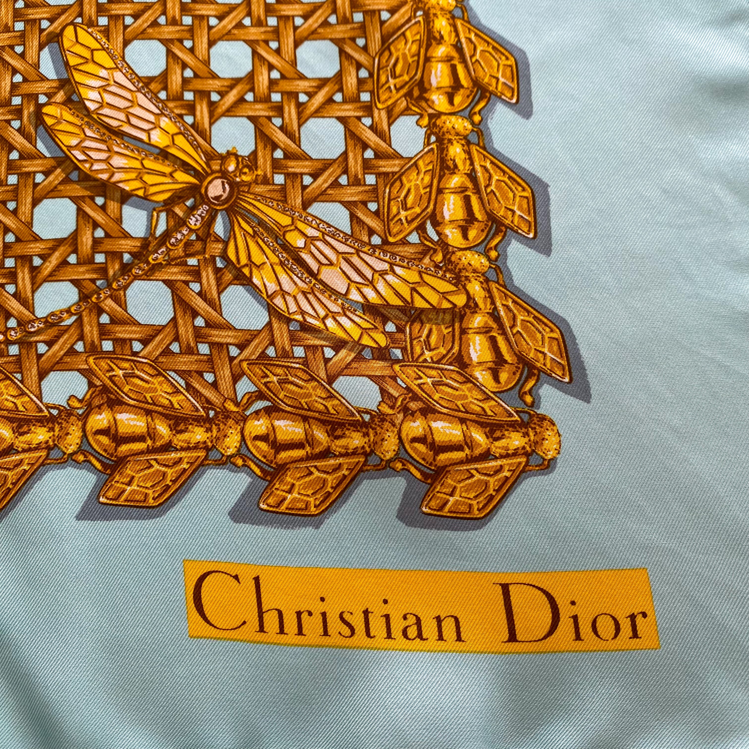 Christian Dior Aqua and Gold Vintage Silk Scarf