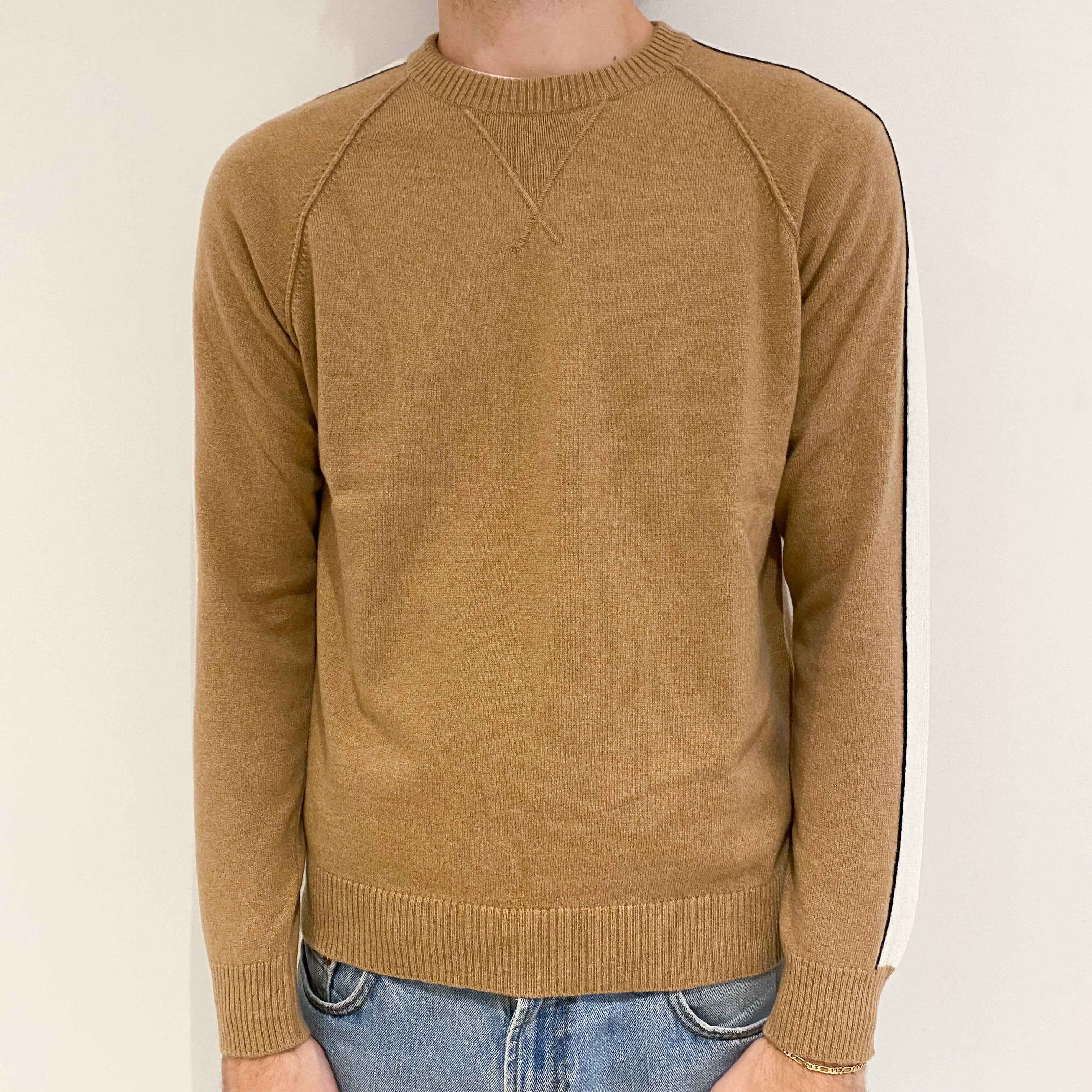 Men’s Brand New Scottish Camel Brown Stripe Crew Neck Jumper Medium