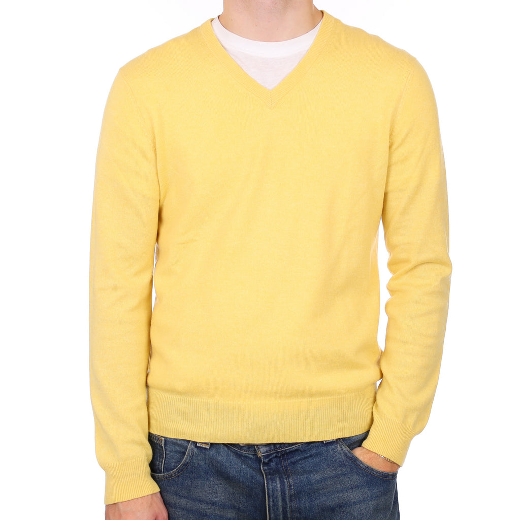 Men’s Lemon Yellow Cashmere V Neck Jumper Medium