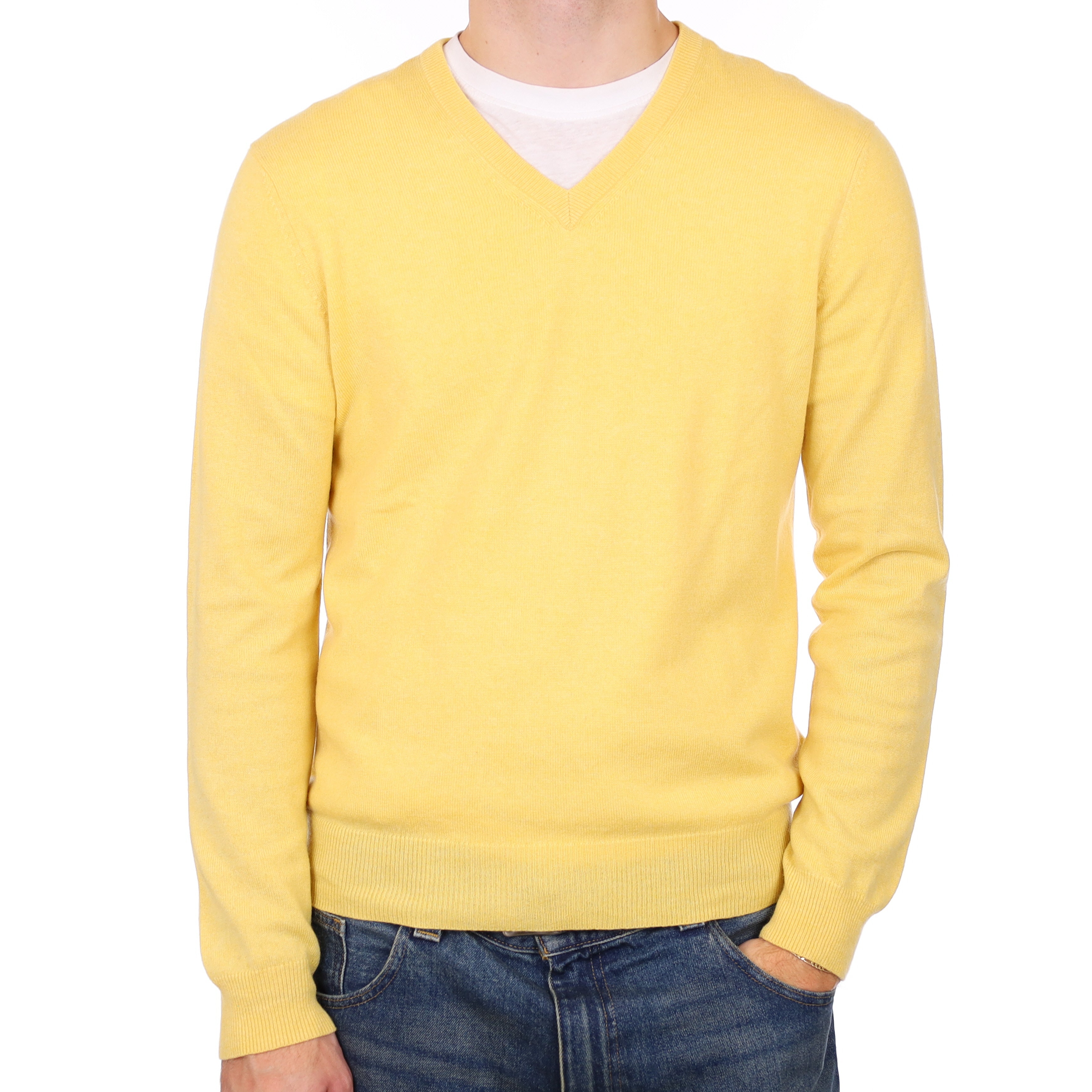 Men’s Lemon Yellow Cashmere V Neck Jumper Medium