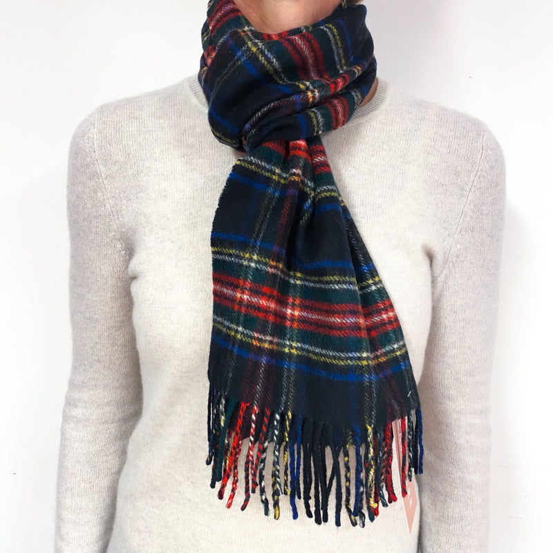 Navy and Red Tartan Fringed Cashmere Woven Scarf