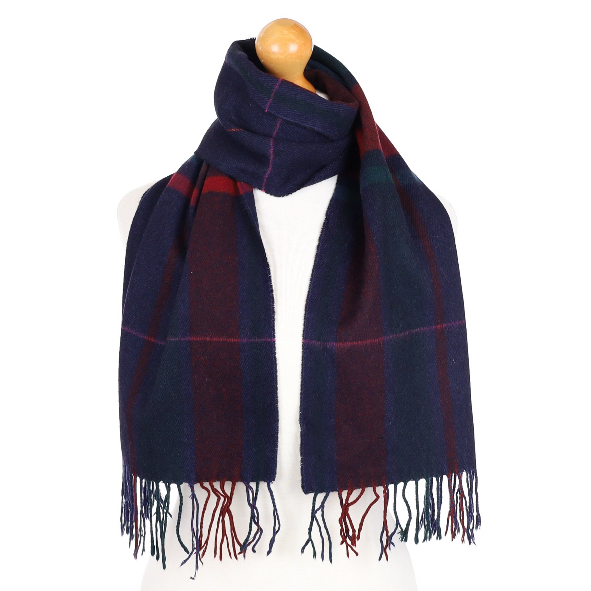 Navy and Burgundy Check Cashmere Tasselled Woven Scarf