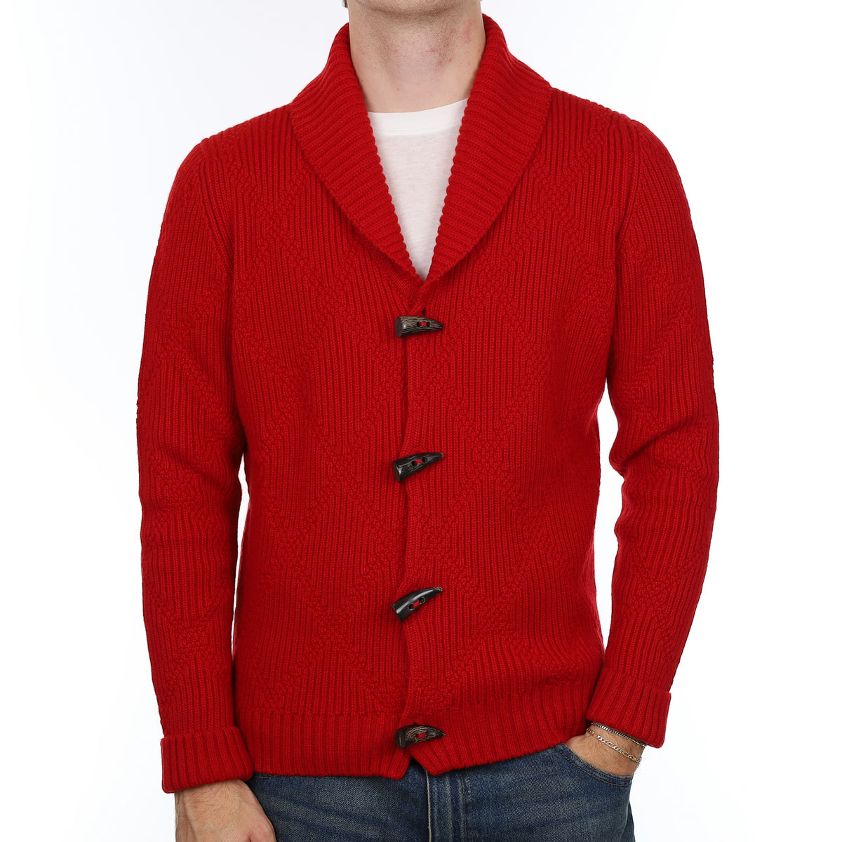 Men’s Brand New Scottish Red Chunky Cashmere Shawl Collar Cardigan Medium