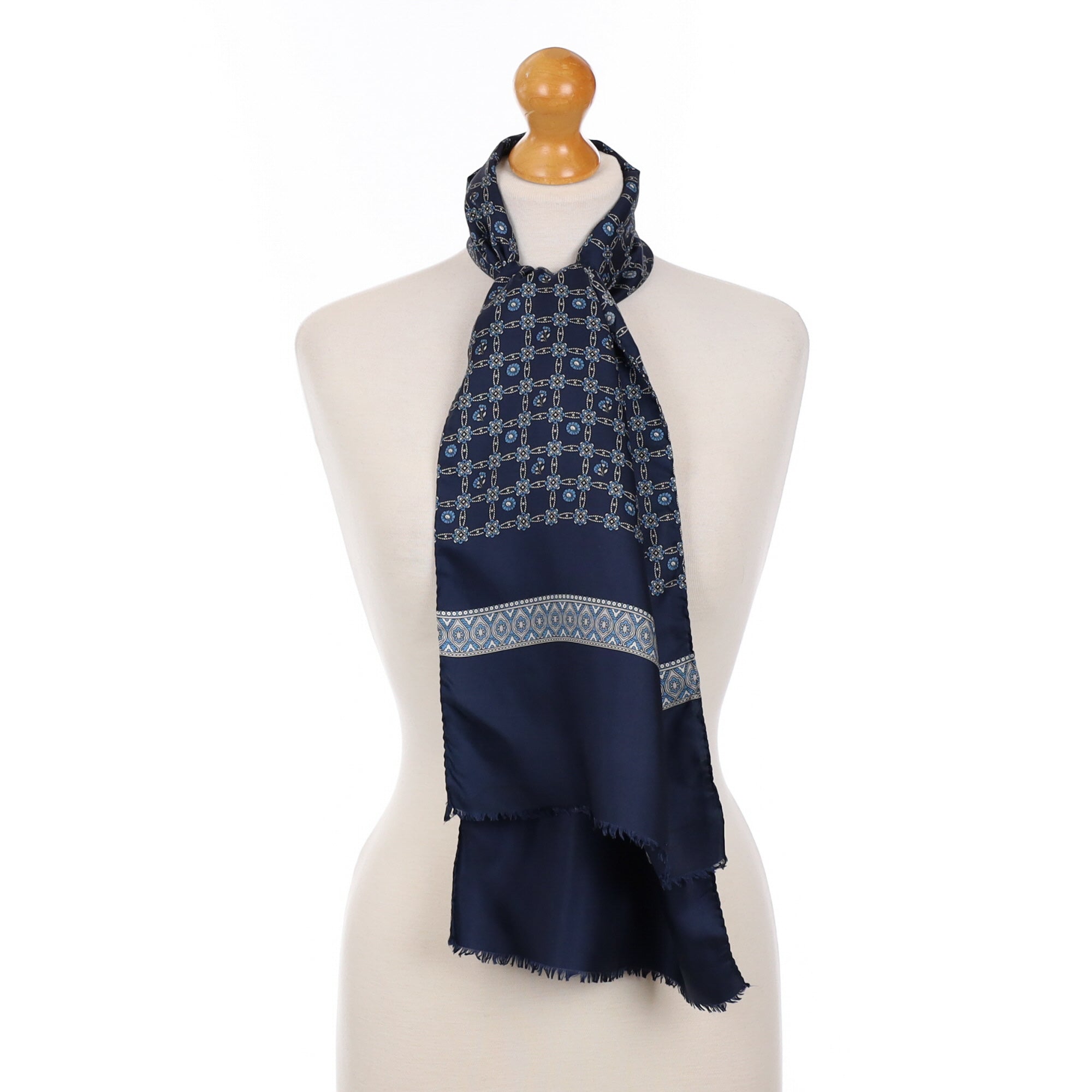 Navy Fringed Vintage Silk Scarf