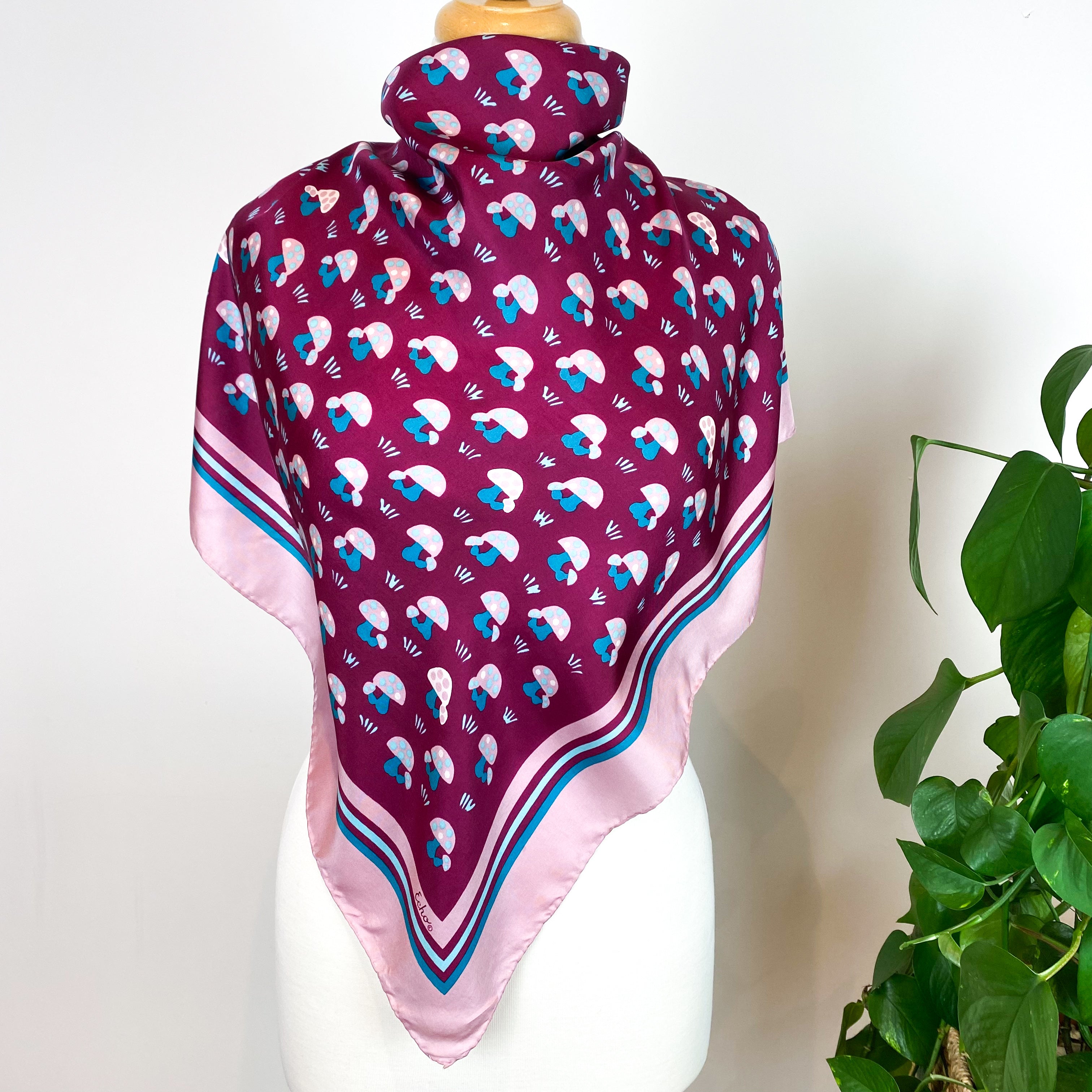 Magenta Mushroom Patterned Vintage Silk Scarf