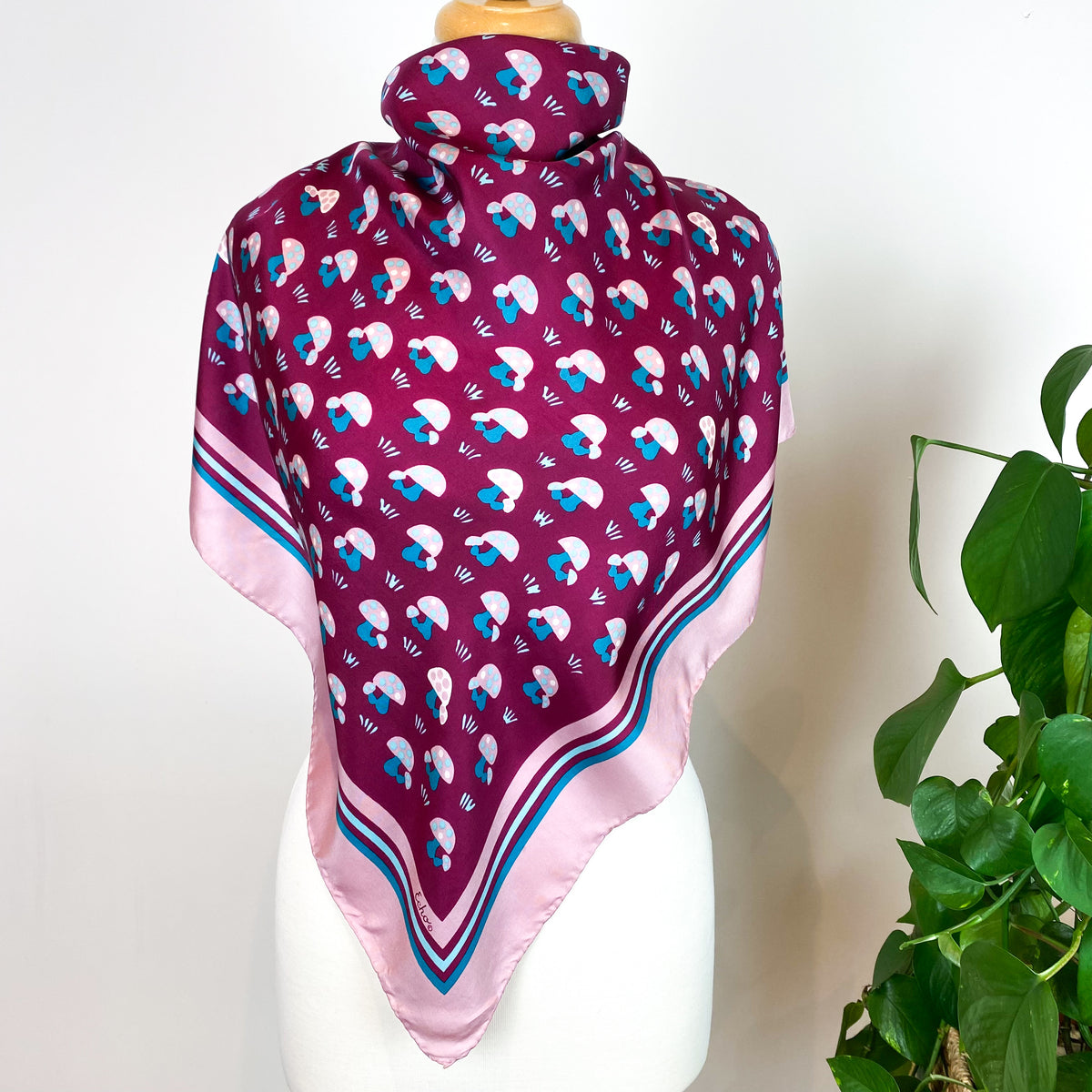 Magenta Mushroom Patterned Vintage Silk Scarf