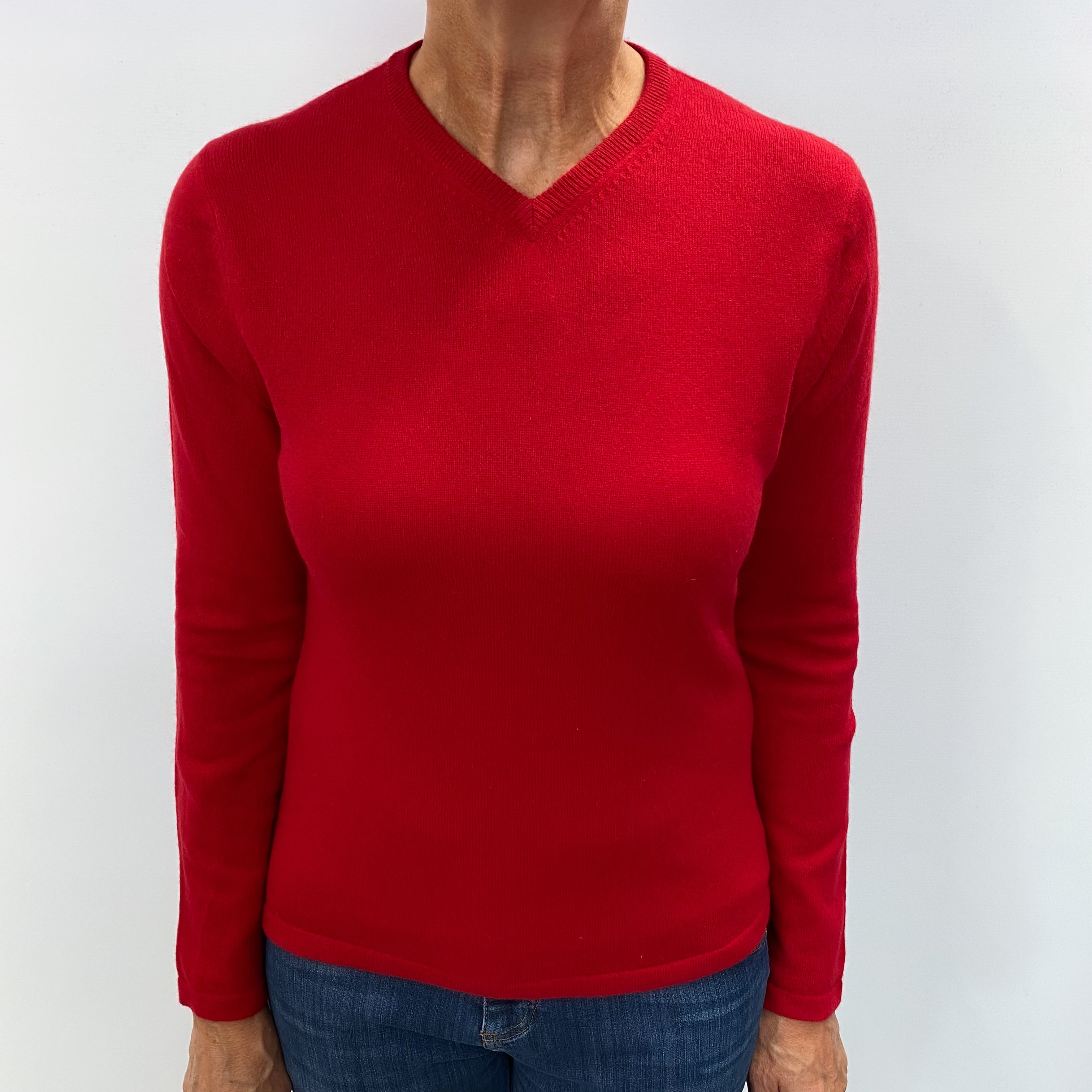 Post Box Red Cashmere V Neck Jumper Medium