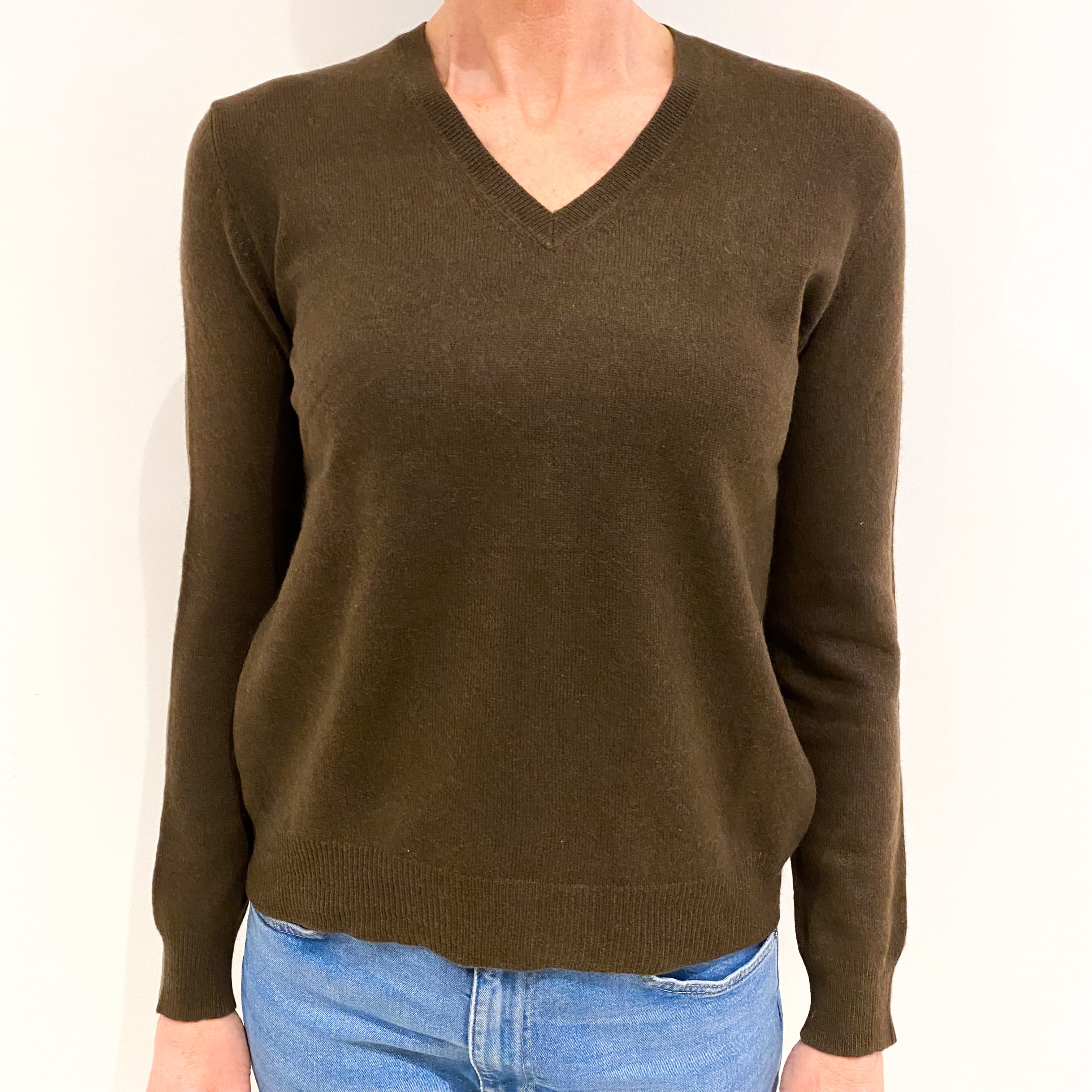 Chocolate Brown Cashmere V Neck Jumper Small