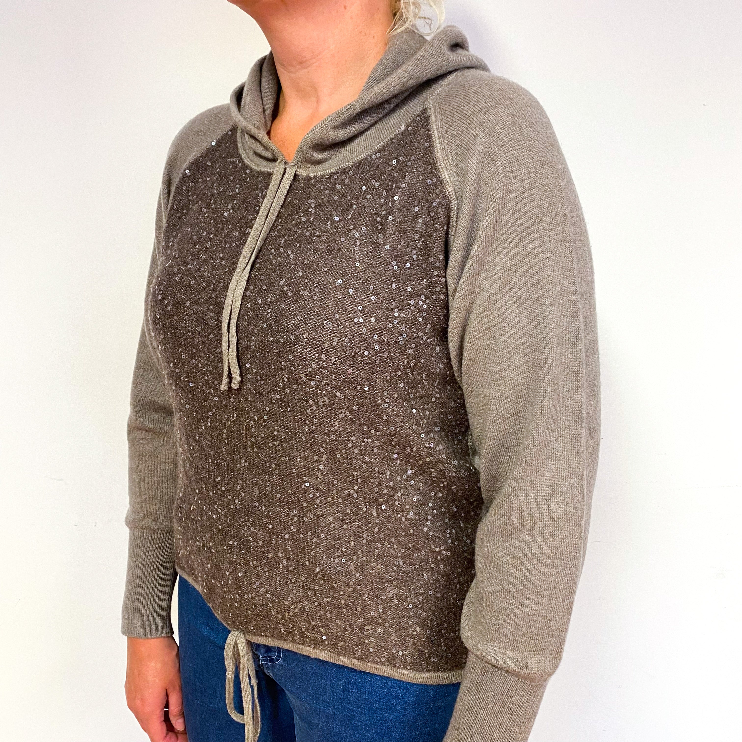 Mocha Brown Sequinned Cashmere Hoodie Jumper Large